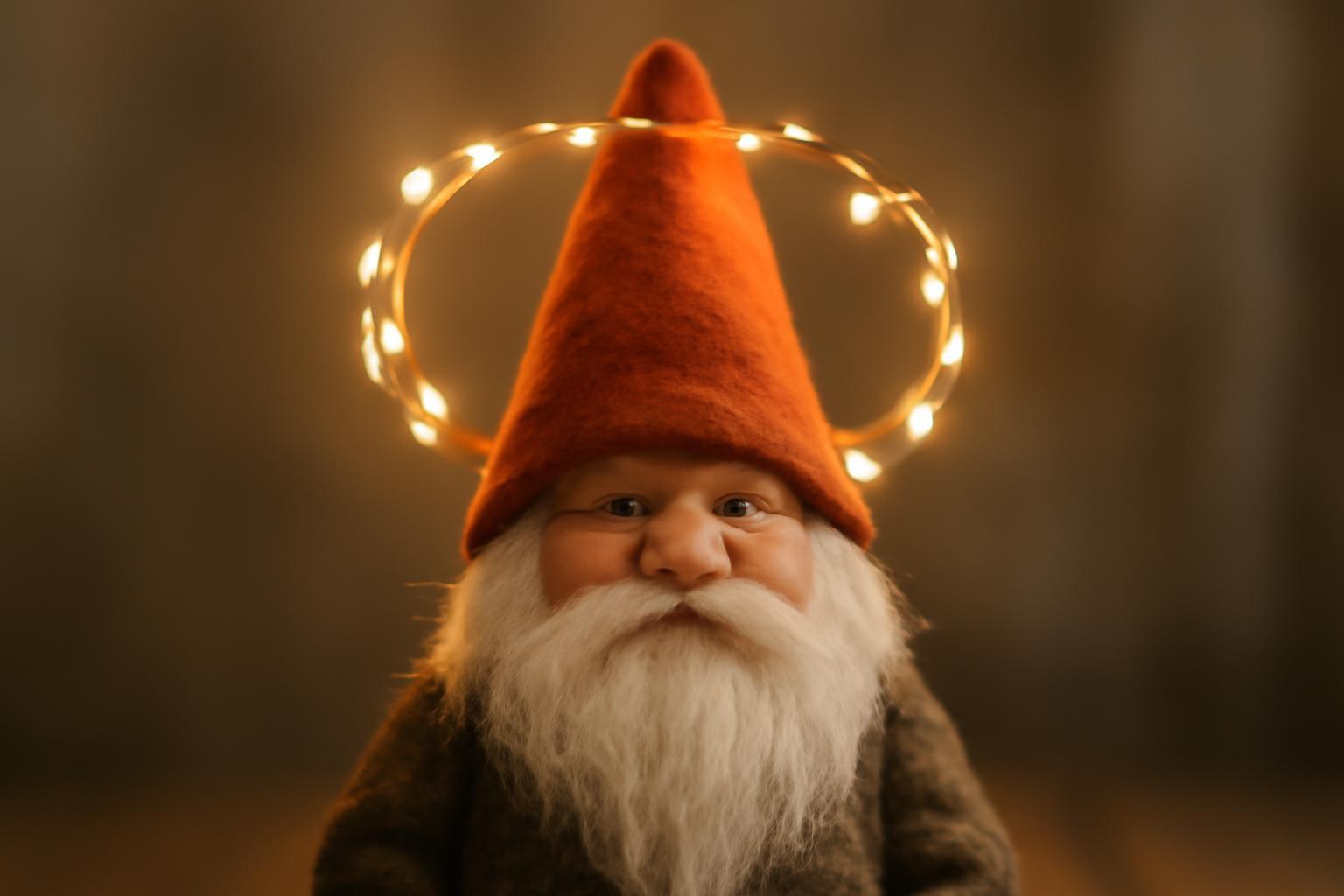 Egy manó, piros sapkával és fehér szakállal, fénykoszorúval a feje fölött.