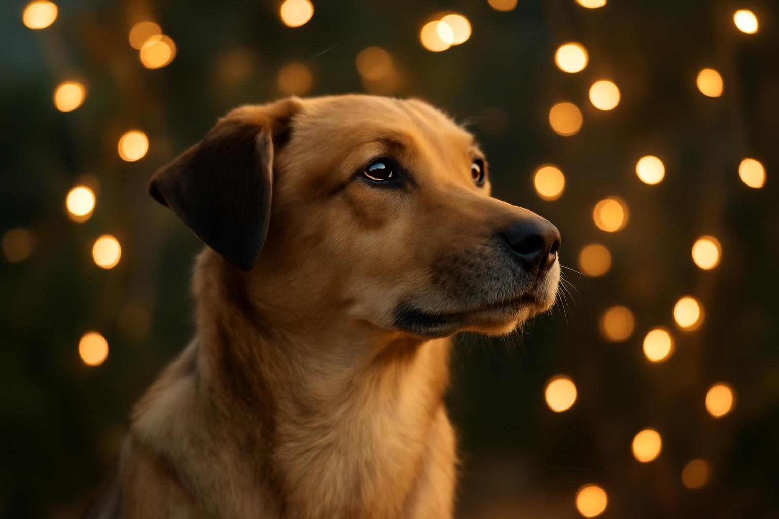 Egy kutya, aki a háttérben ragyogó fények mellett ül, figyelmesen néz.