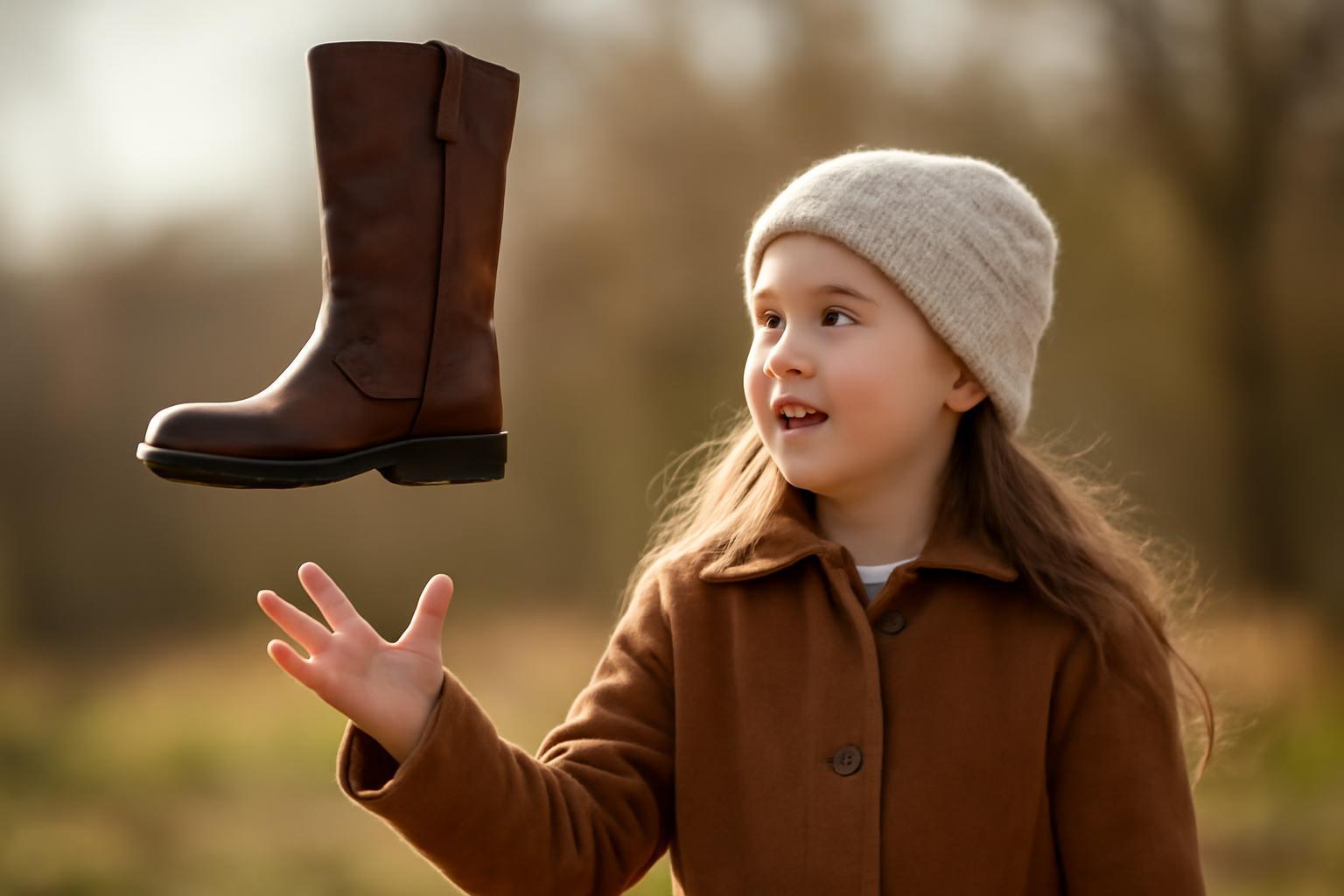 Egy kislány csodálkozva nézi a levegőben lebegő barna csizmát.