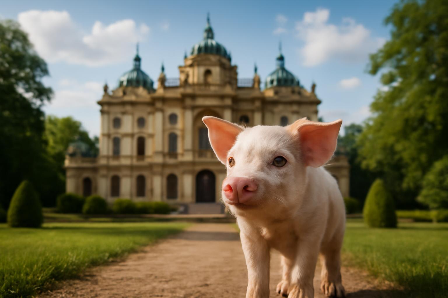 Malacka, a kis malac, egy varázslatos palota előtt áll, kíváncsian nézve.