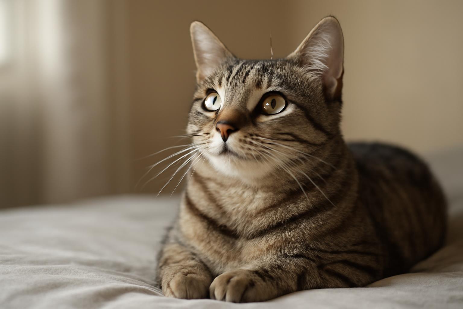 Egy cica álmosan fekszik, figyelmesen néz a távolba, mintha kalandokra készülne.