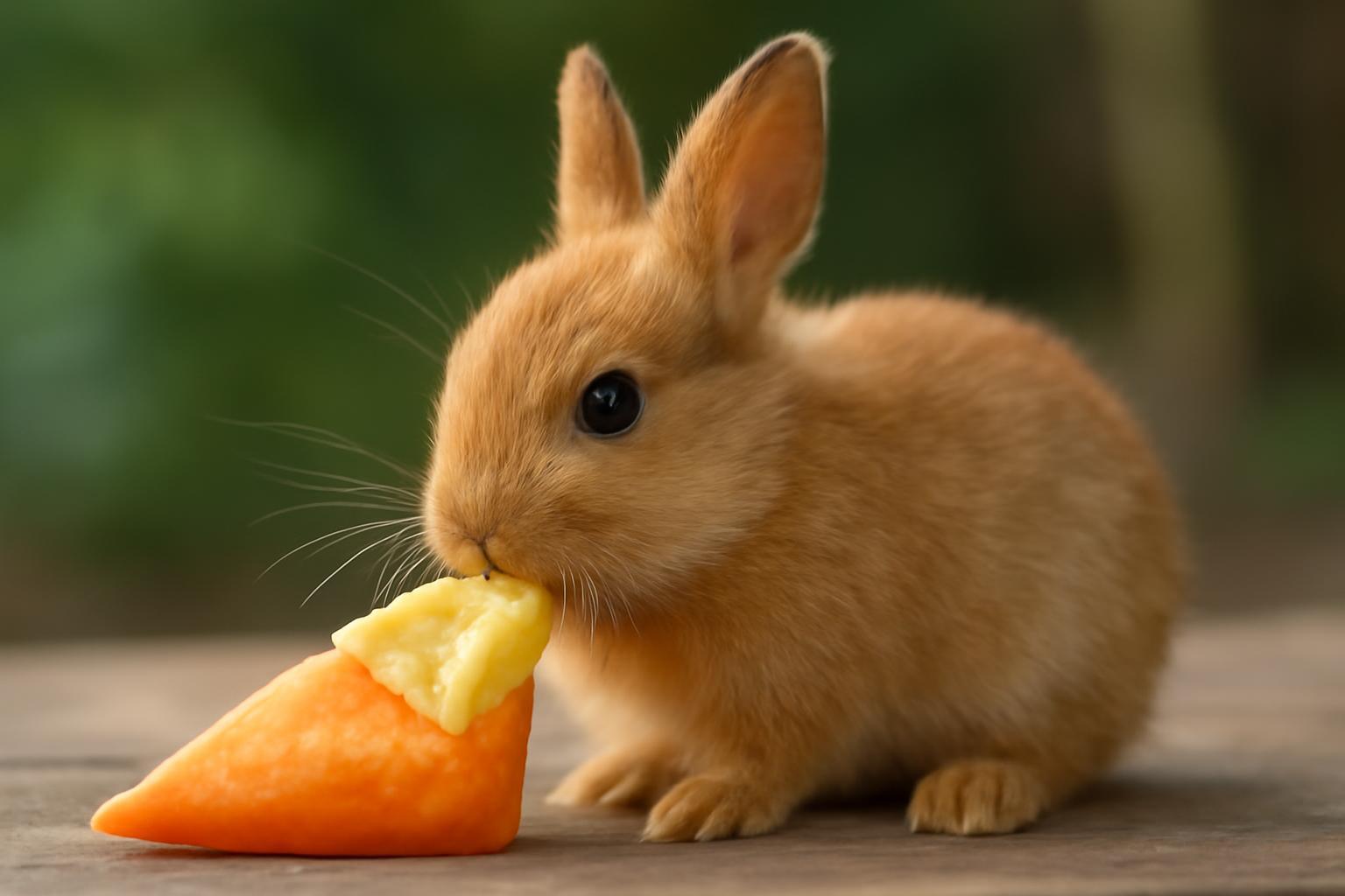 Egy kis nyuszi, Morzsi, sajtos répát majszol a kertben.