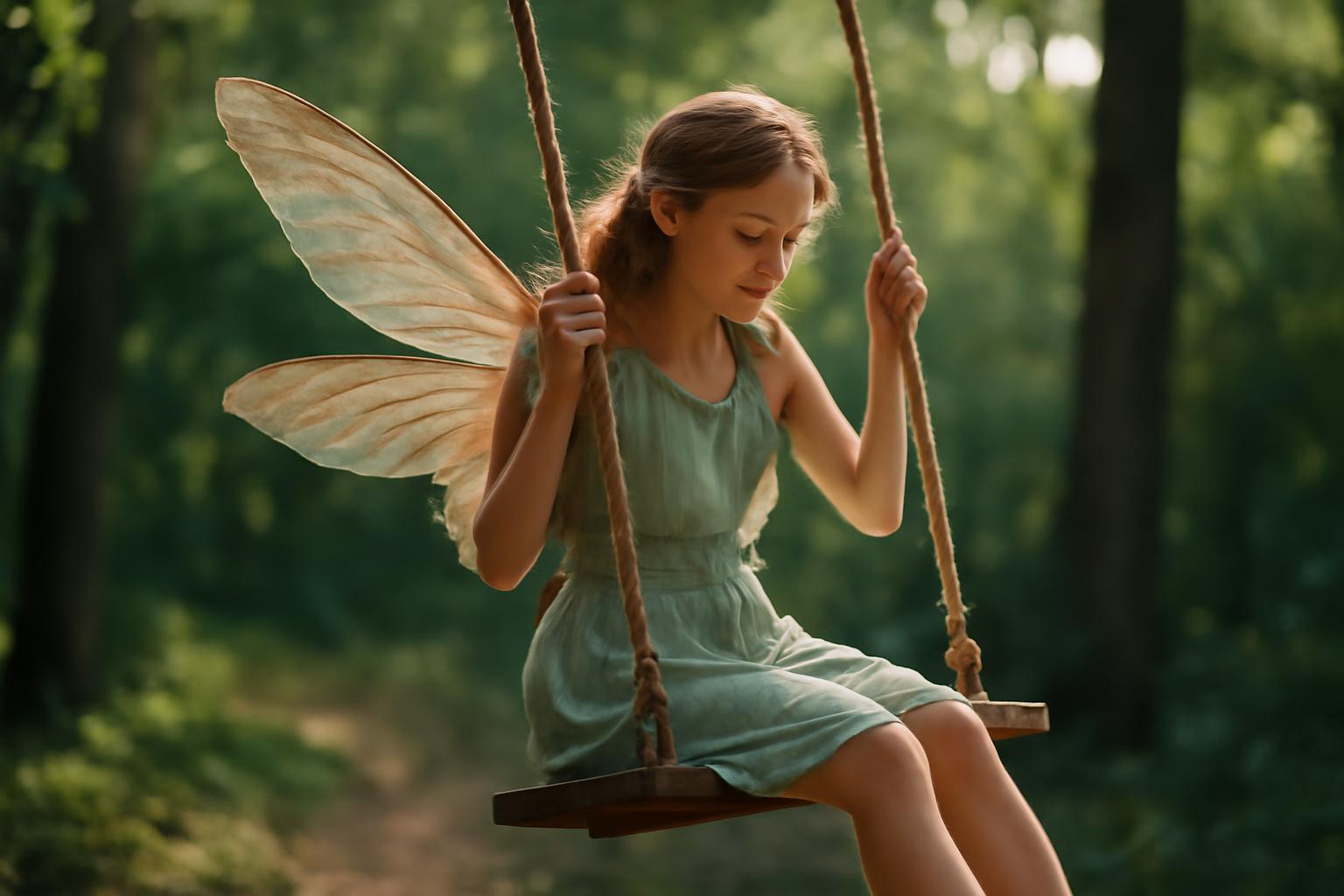 Egy tündér hintázik az erdőben, lágy fényben, boldogan mosolyogva.