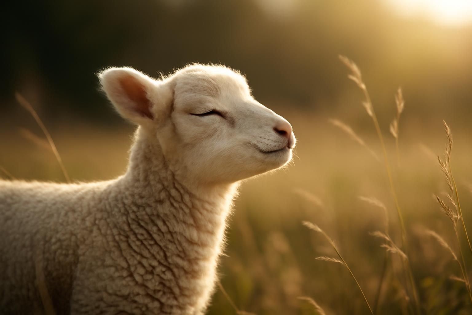 Egy kis bárány áll a napfényben, boldogan hallgatja a szél suttogását.