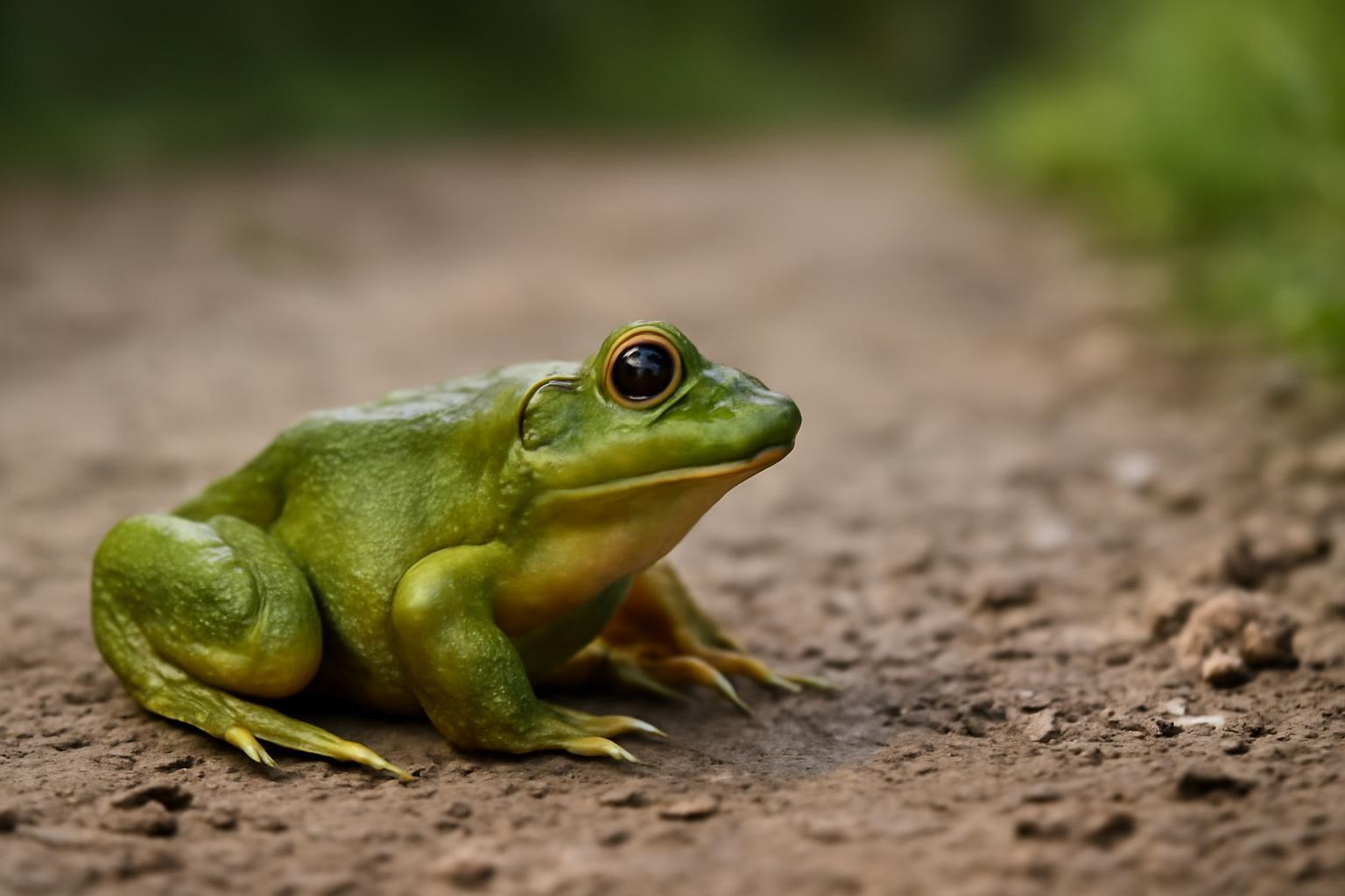 Egy zöld béka ül egy földúton, figyelmesen néz körül.