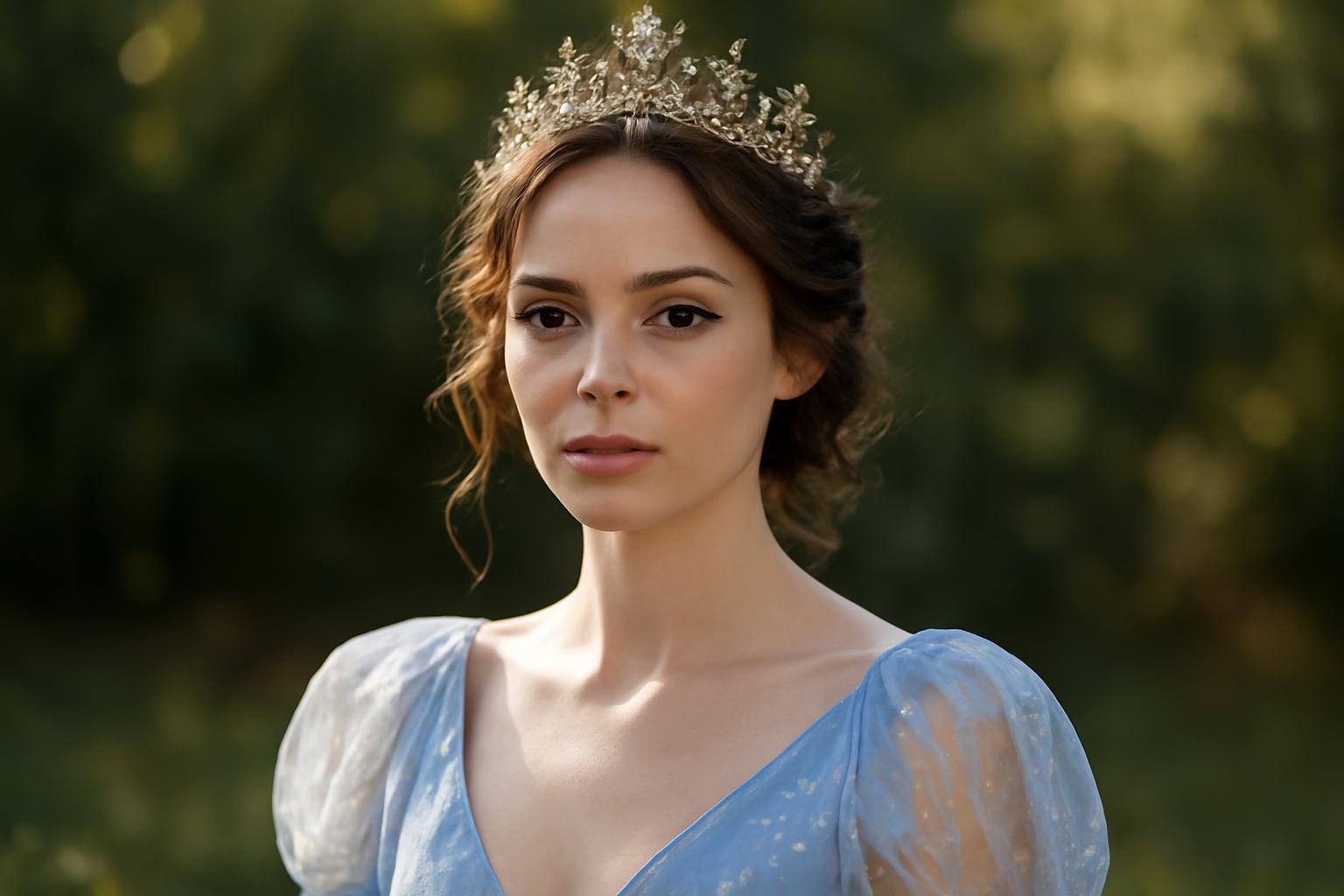 Egy hercegnő áll a zöld háttér előtt, kék ruhában és tiarával a fején.