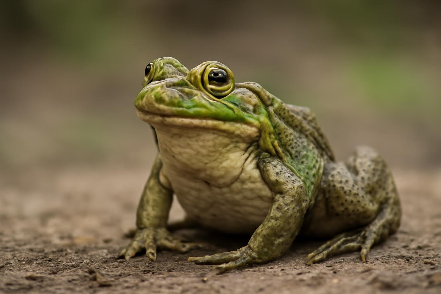 Egy béka ül a földön, zöld színű bőrrel és nagy, kerek szemekkel.