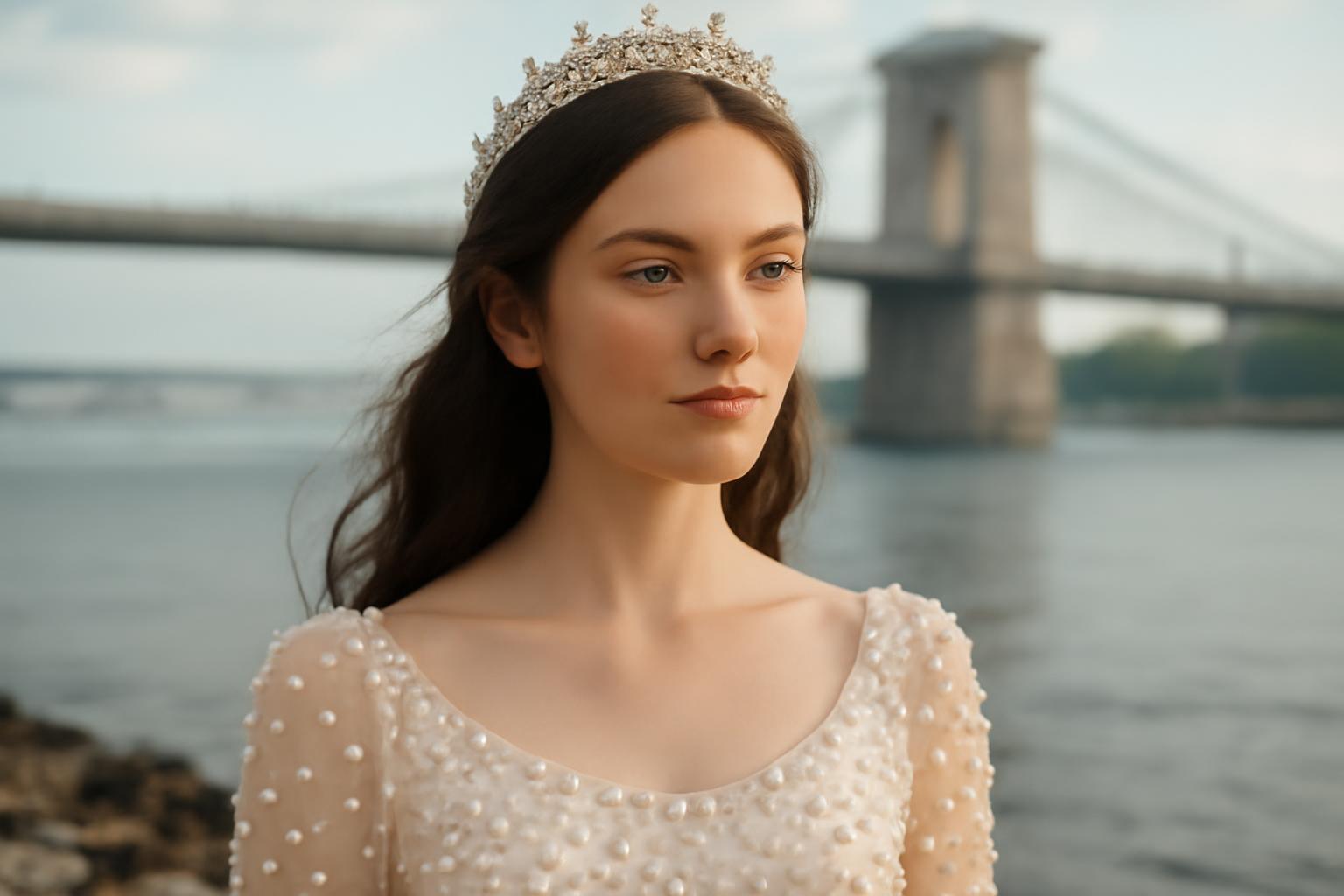 Egy hercegnő gyönyörű ruhában, a vízparton áll, a háttérben egy híd látható.