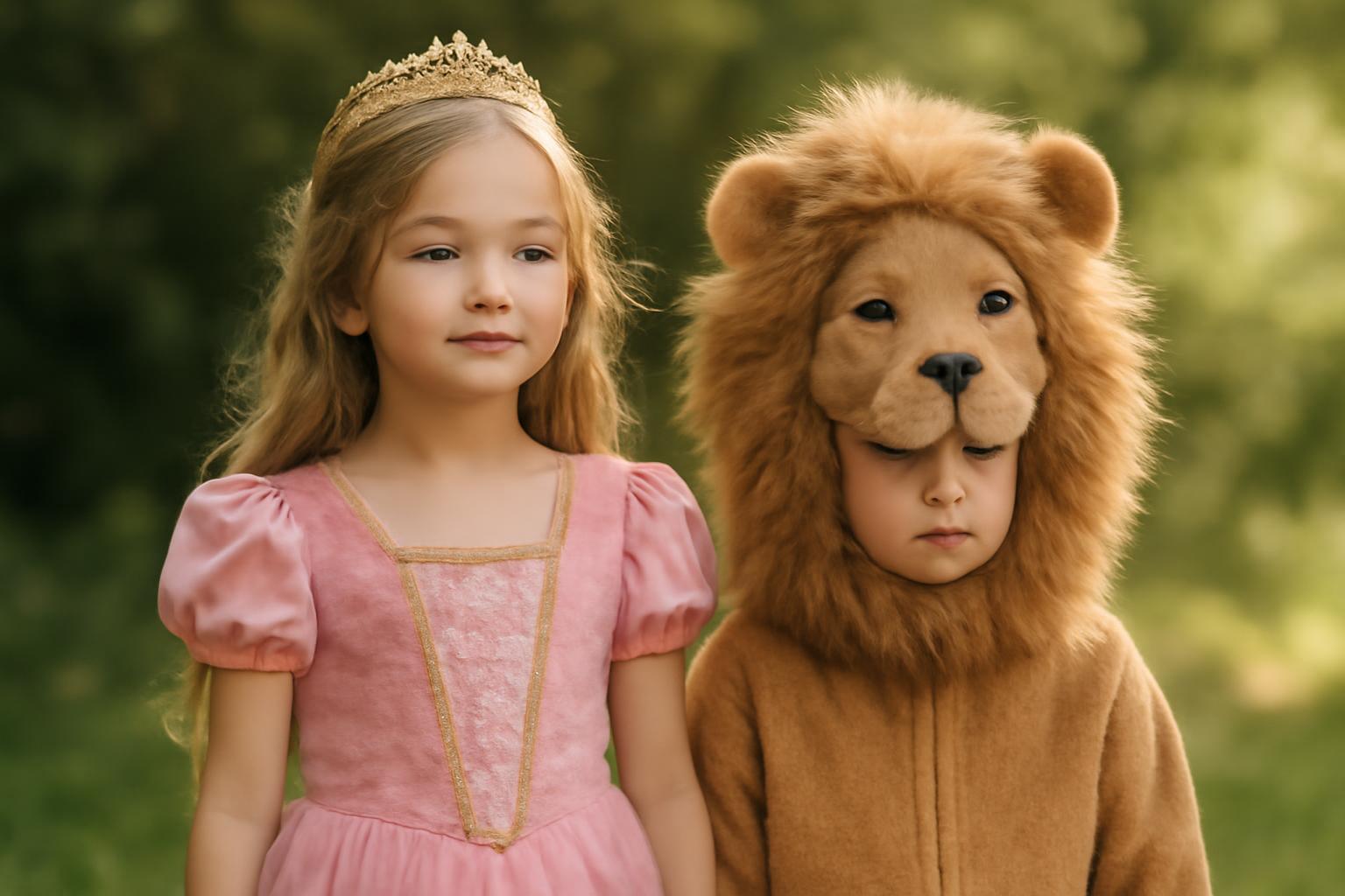 Egy hercegnő rózsaszín ruhában és egy oroszlán jelmezbe öltözött kisfiú áll a zöld háttér előtt.
