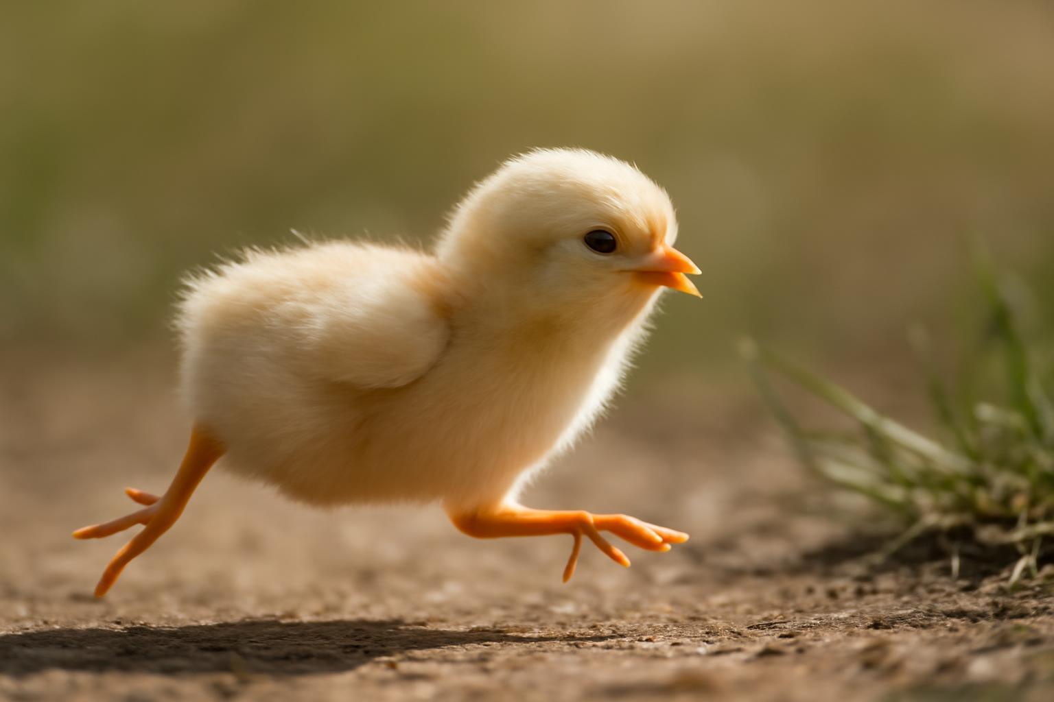 Egy kiscsibe fut a földön, élénk színű, boldog és energikus.