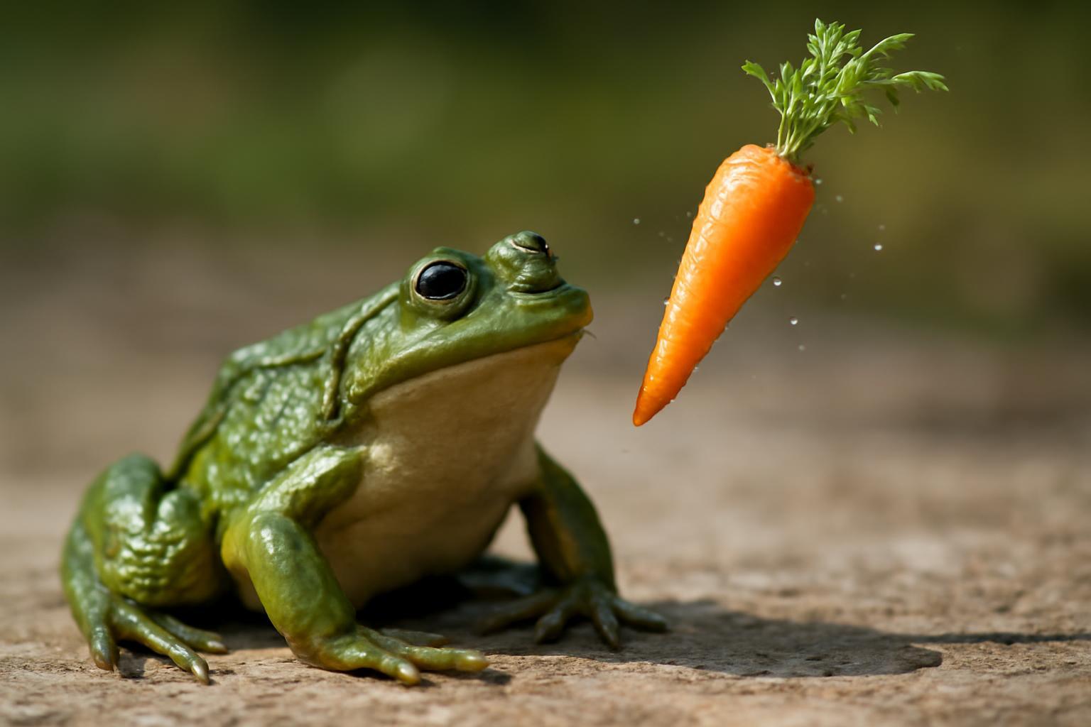 Egy vidám béka figyeli a pattogó sárgarépát, amely a levegőben lebeg.