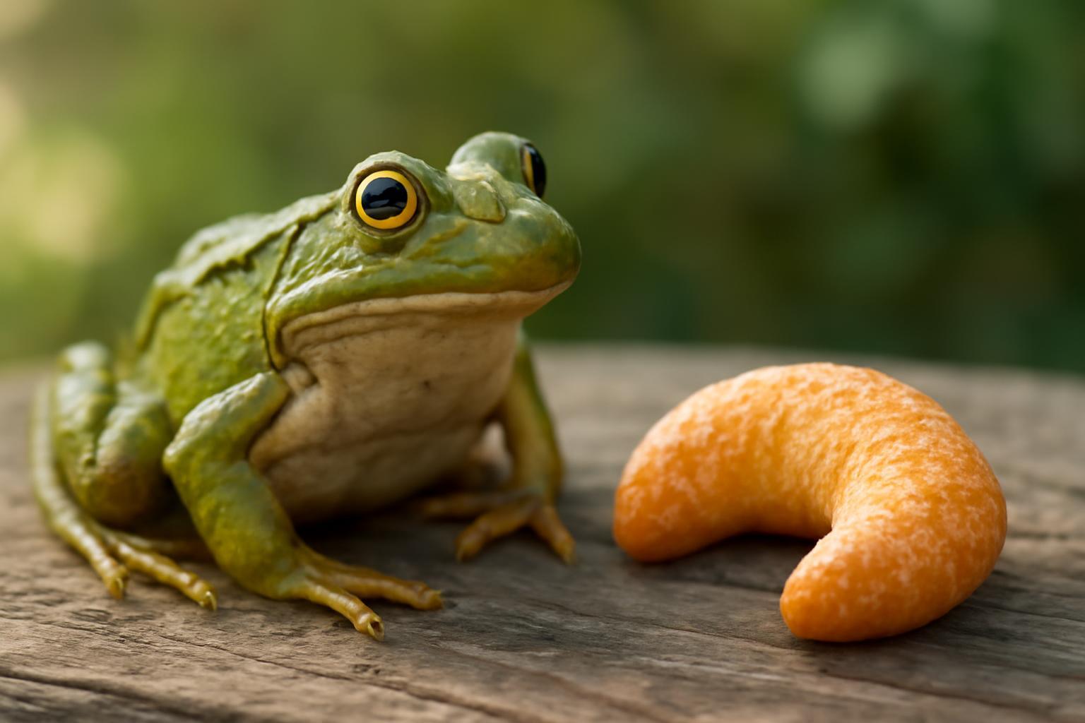 Egy zöld béka ül egy fán, mellette egy varázskifli.