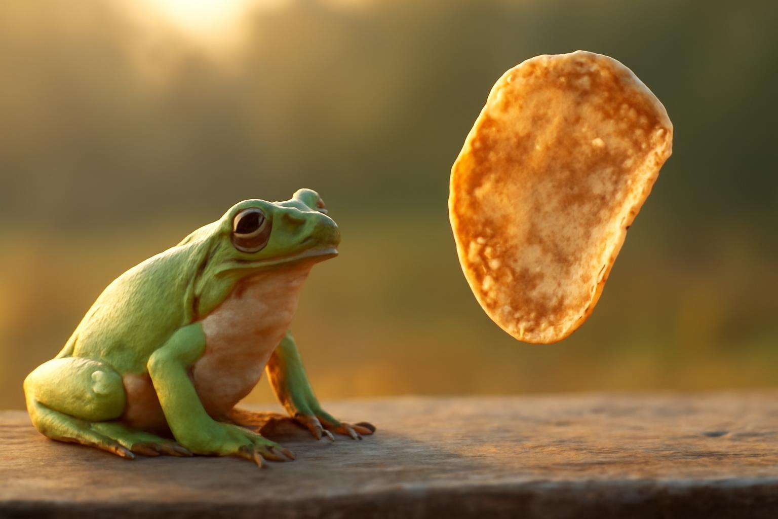 Egy béka figyeli a levegőben lebegő palacsintát a hajnali fényben.