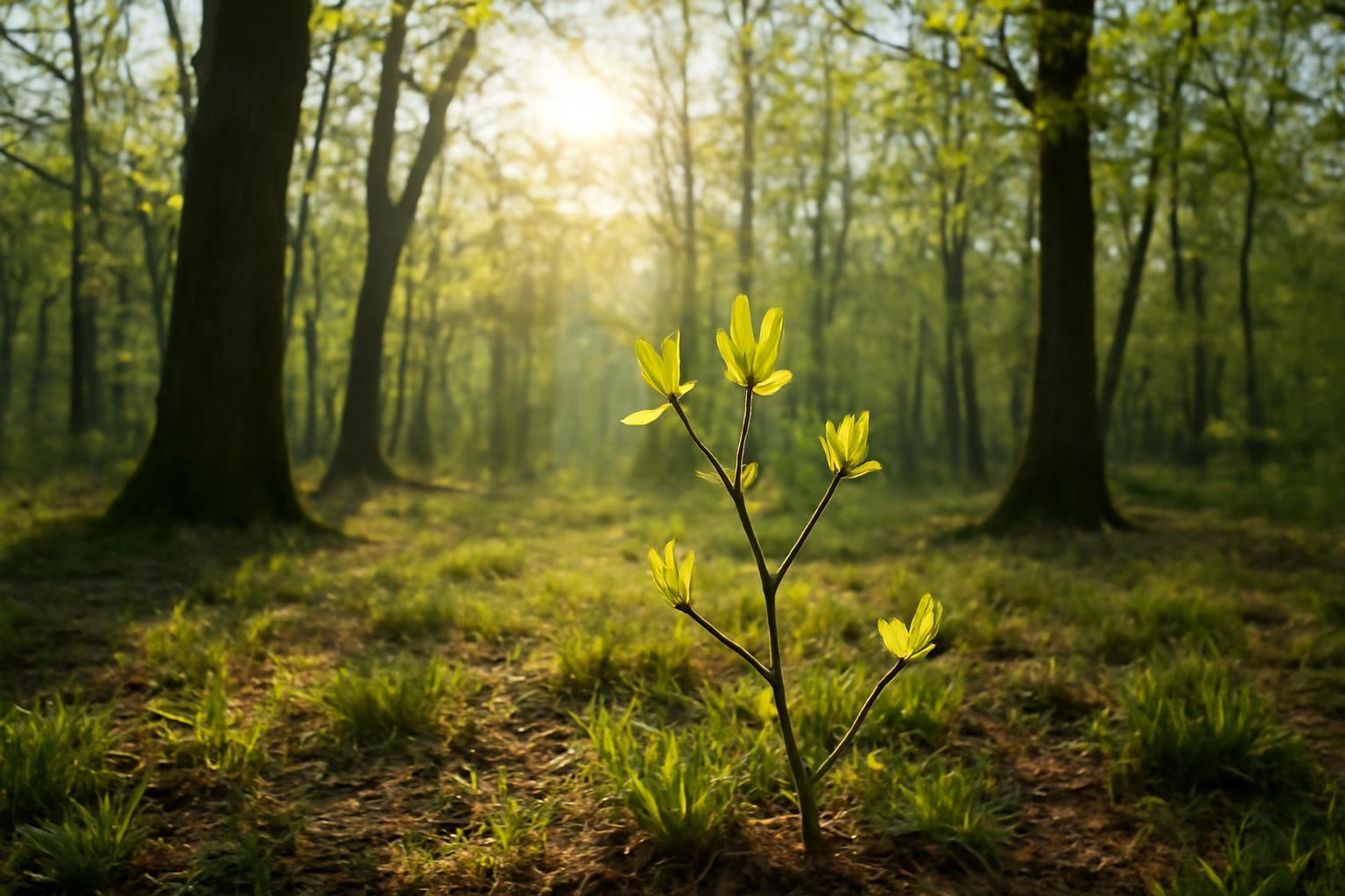 Egy fiatal fa rügyei bontakoznak ki a napfényben az erdőben.