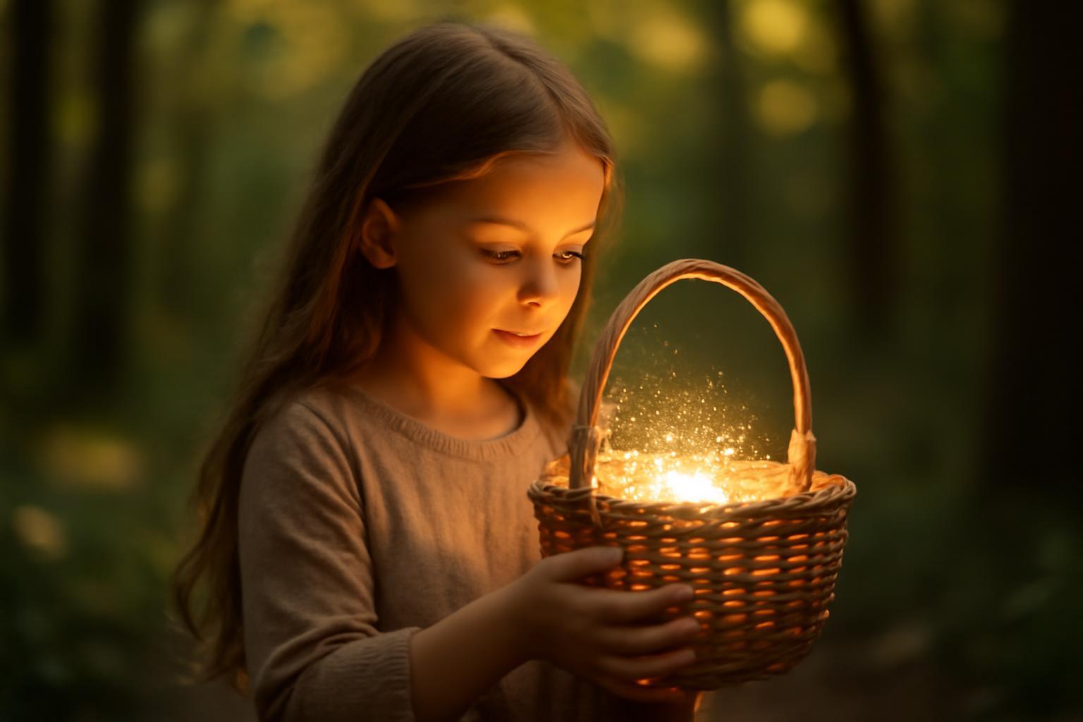 Egy kisgyerek csodálkozva nézi a fénykosárból áradó varázslatos fényt az erdőben.