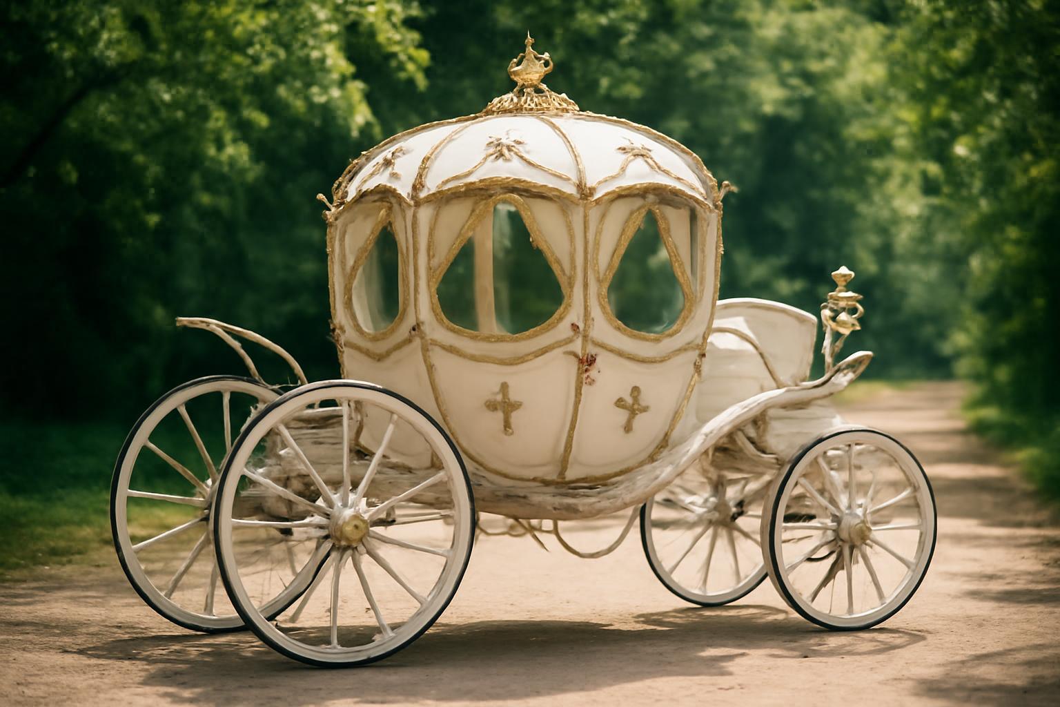 Egy gyönyörű, díszes gyöngyhintó áll egy erdei úton, zöld háttérrel.