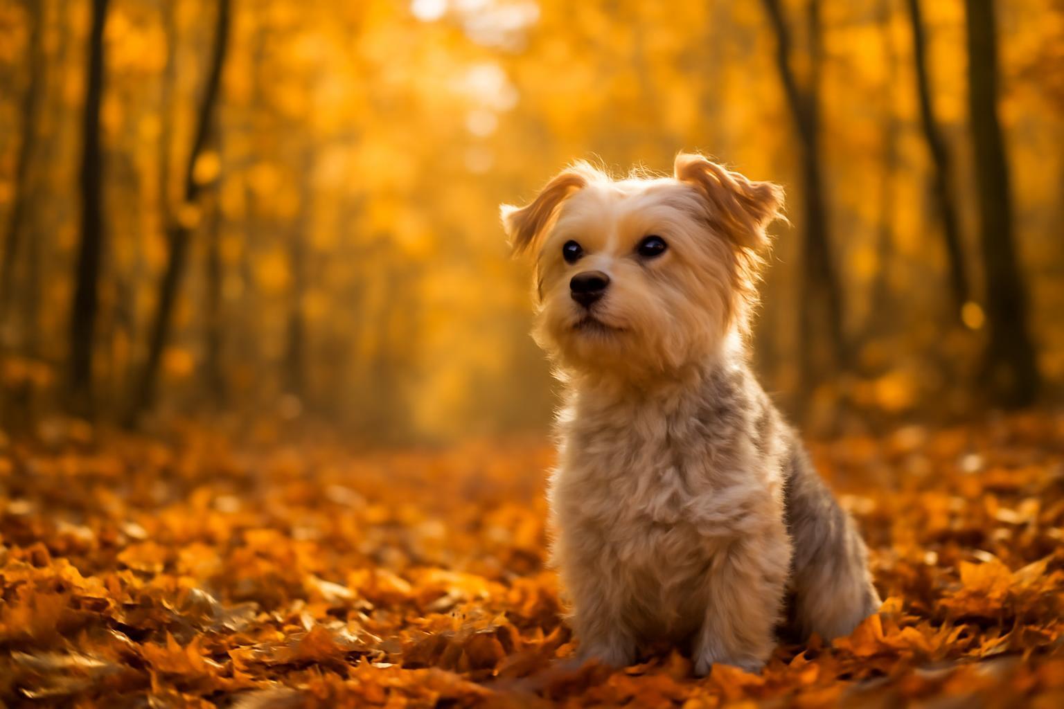 Egy kis kutya ül az aranyszínű levelekkel borított erdőben.