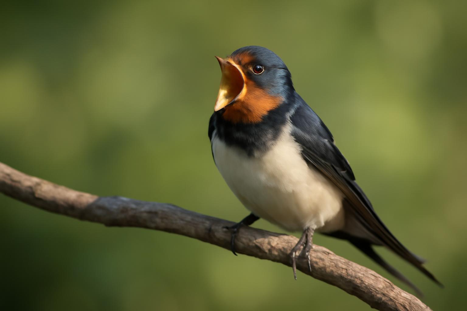 Egy fecske éppen énekel, nyitott csőrrel ül egy ágon.