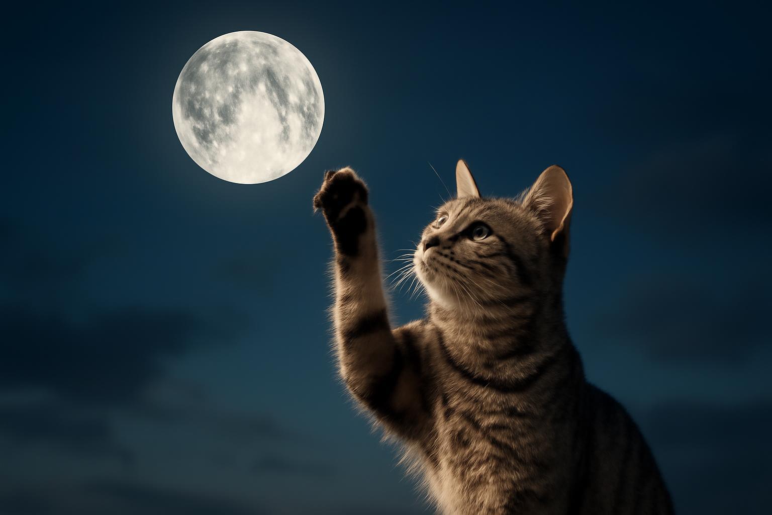 Egy kíváncsi macska a hold felé nyújtja a mancsát az esti ég alatt.