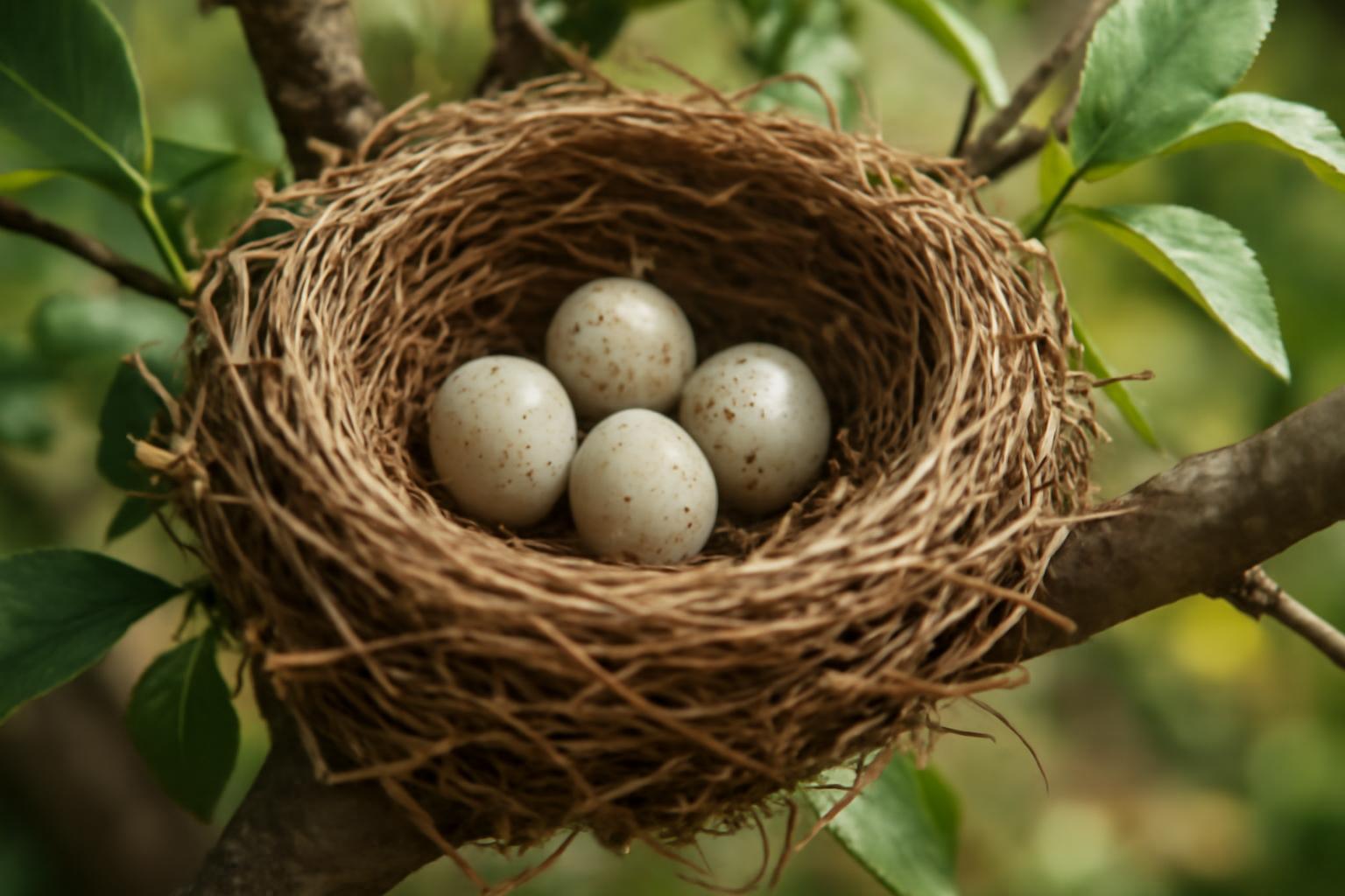 Egy fészek négy tojással, zöld levelek között egy ágon.