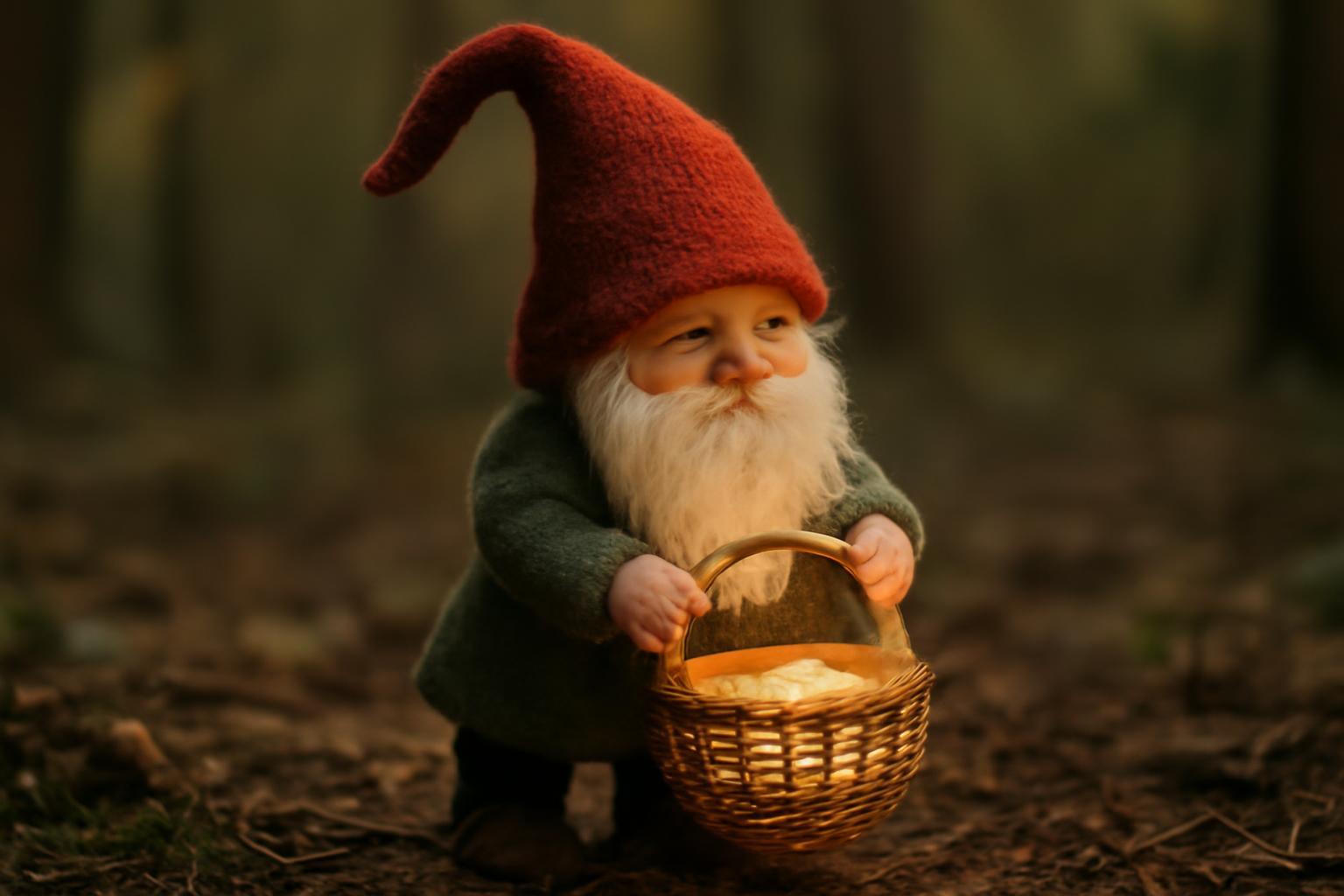 Egy kis manó piros sapkában, fénykosárral az erdőben.