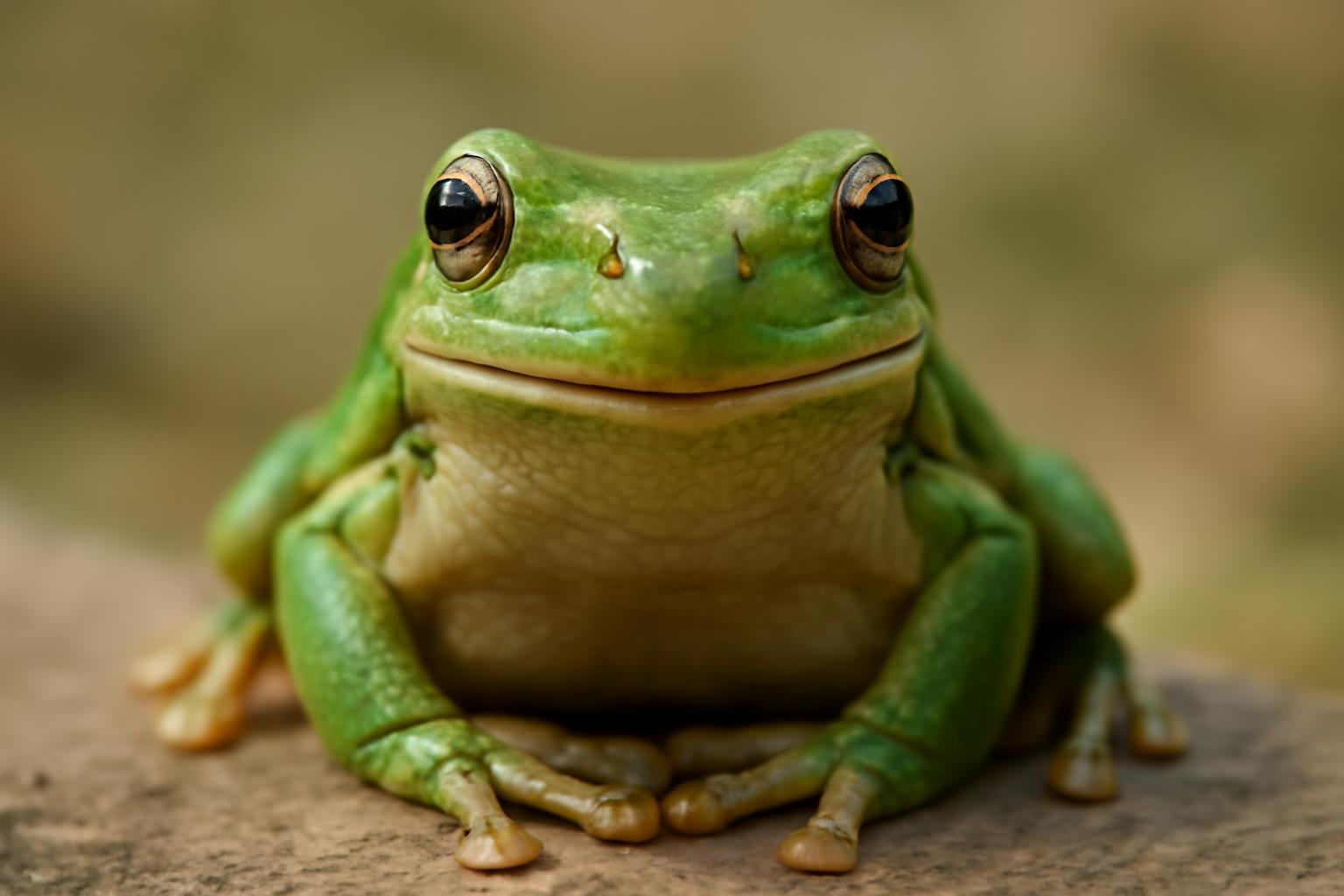 Egy mosolygó zöld béka ül egy kőn, vidám és barátságos arccal.