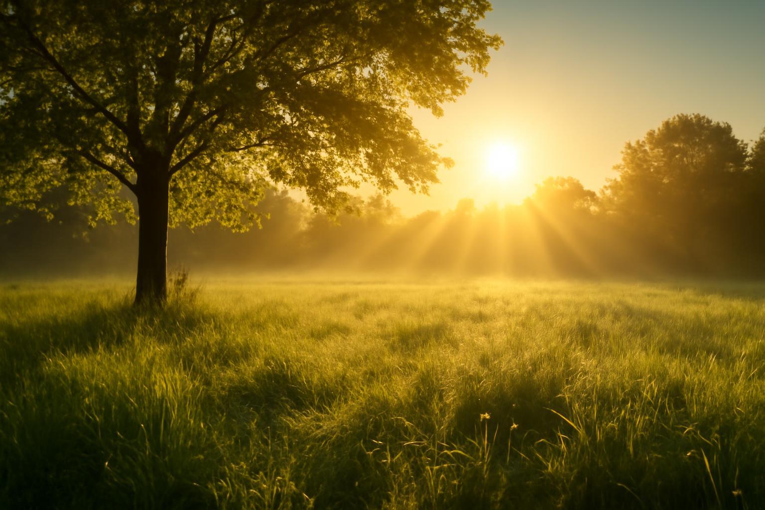 A napfény első lépései a zöld fűben, egy fa árnyékában.