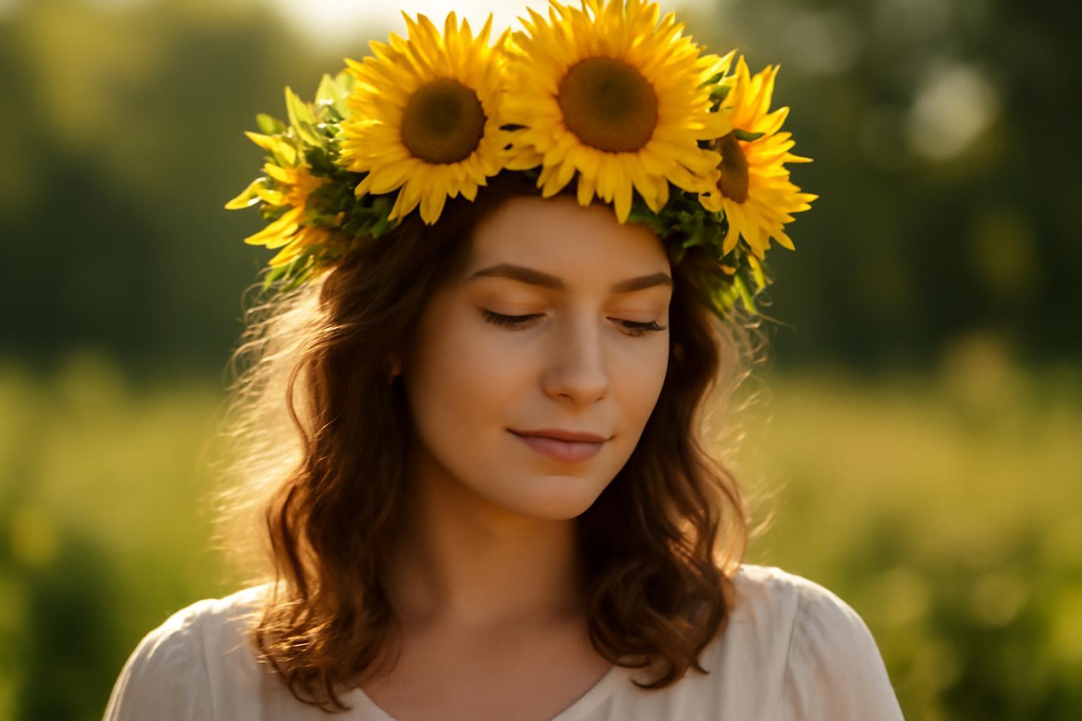 Egy fiatal nő napraforgókból készült koszorút visel, háttérben zöld mezővel.