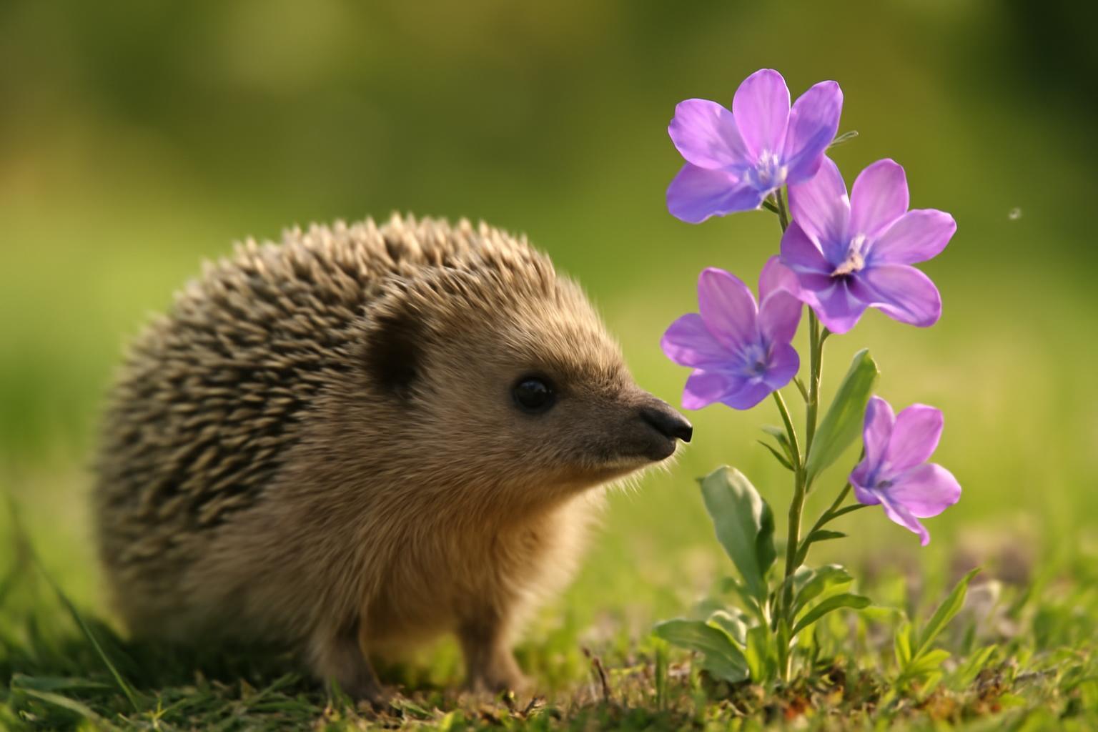 Egy kíváncsi sün áll egy színes virágóra mellett a réten.