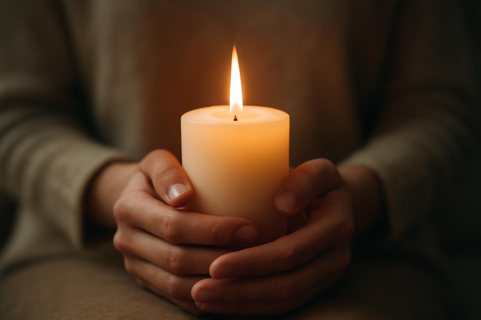 Egy emberi kéz egy égő gyertyát tart, amely meleg fényt áraszt.