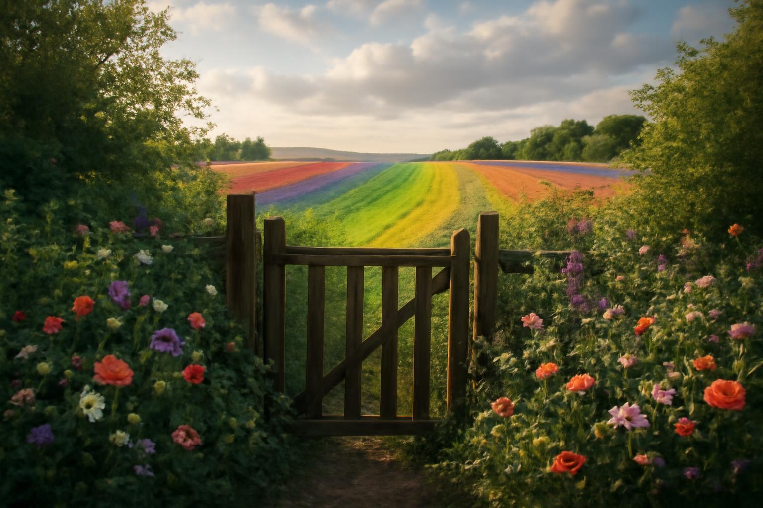 Egy fából készült kapu nyílik egy színes virágmezőre, a háttérben szivárványos tájjal.