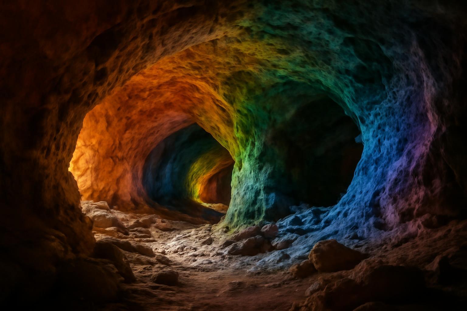 Színes, varázslatos barlang belseje, ahol a manók élnek.