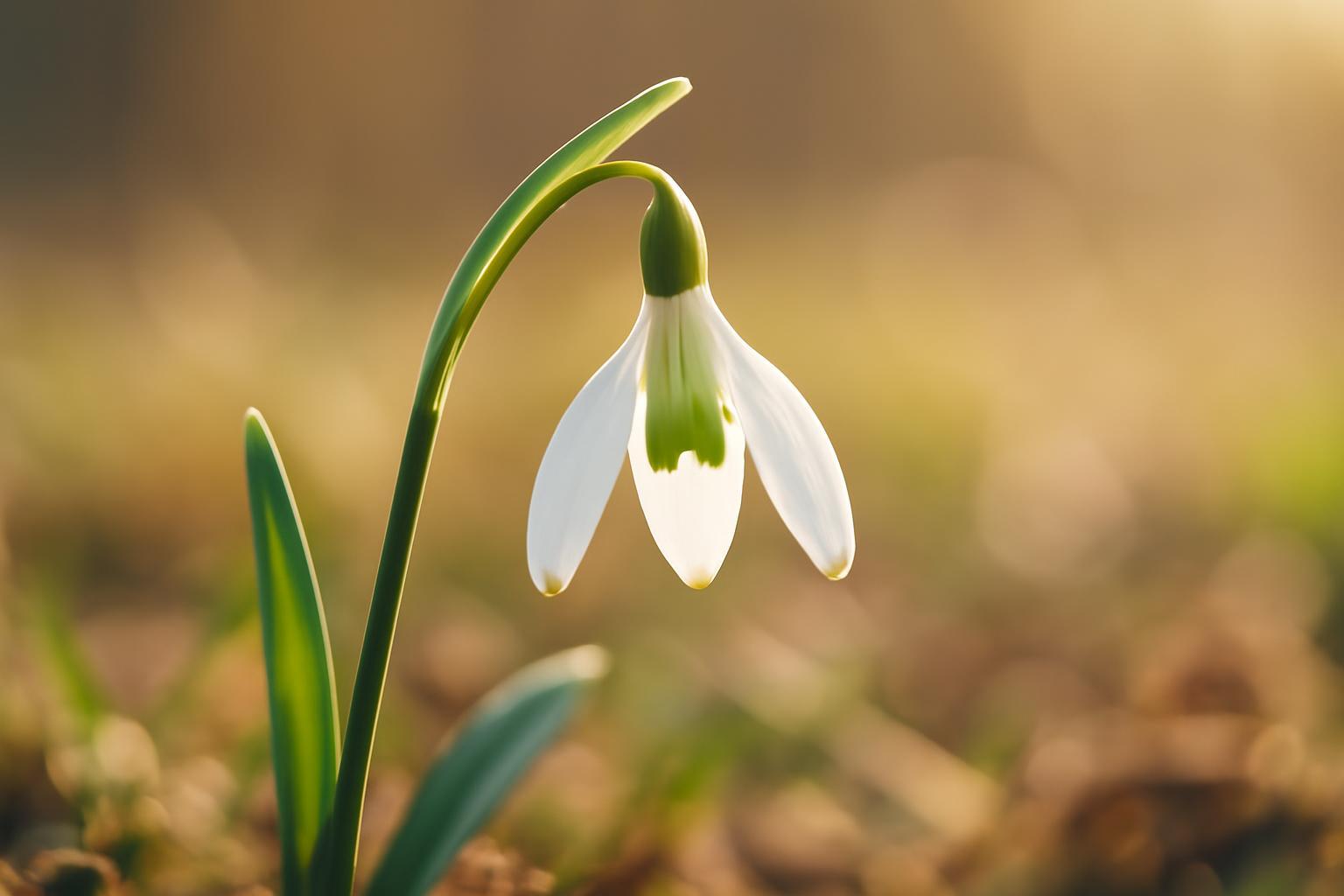 Egy hóvirág bontogatja szirmait a tavaszi napsütésben, körülötte a természet ébredése látható.