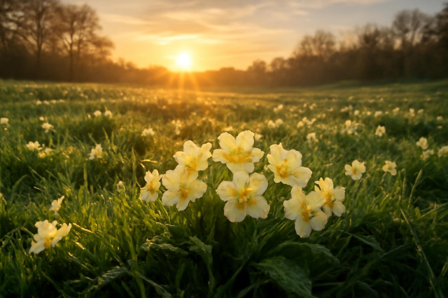 Tavaszi hajnal, sárga virágok a fűben, napfelkeltével a háttérben.