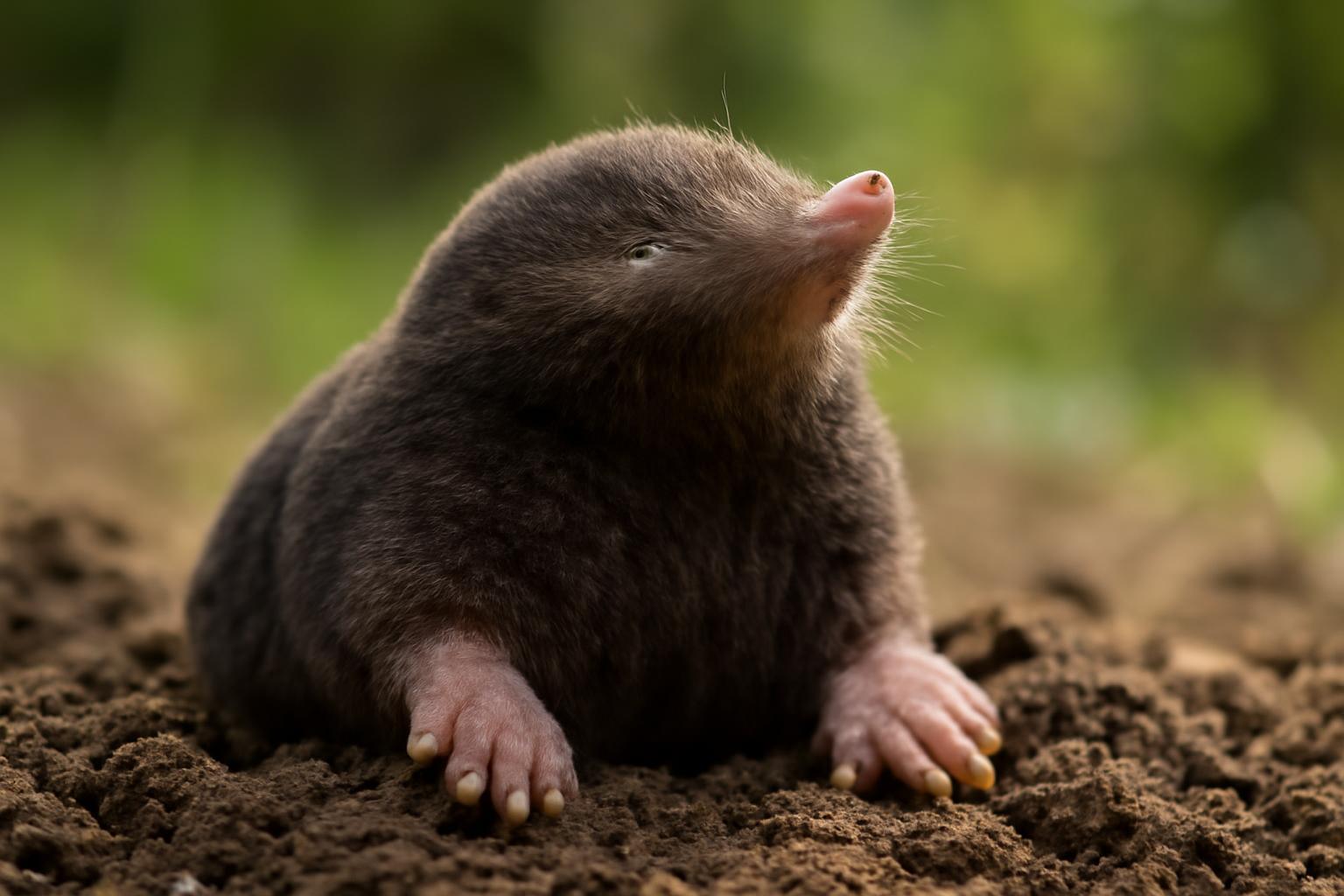 Egy vakond ül a földön, álmodozva néz felfelé a zöld háttér felé.
