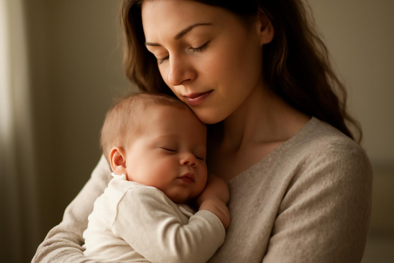 Egy anya öleli a békésen alvó kisbabáját, miközben az éjszaka csendje körülveszi őket.