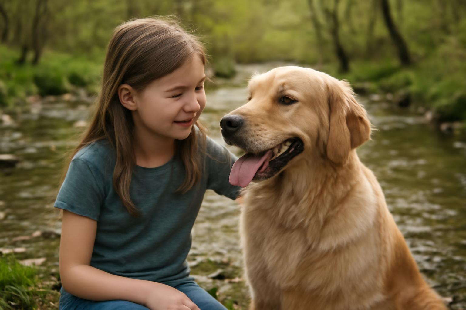 Egy kislány és egy arany retriever ülnek a patakparton, boldogan néznek egymásra.