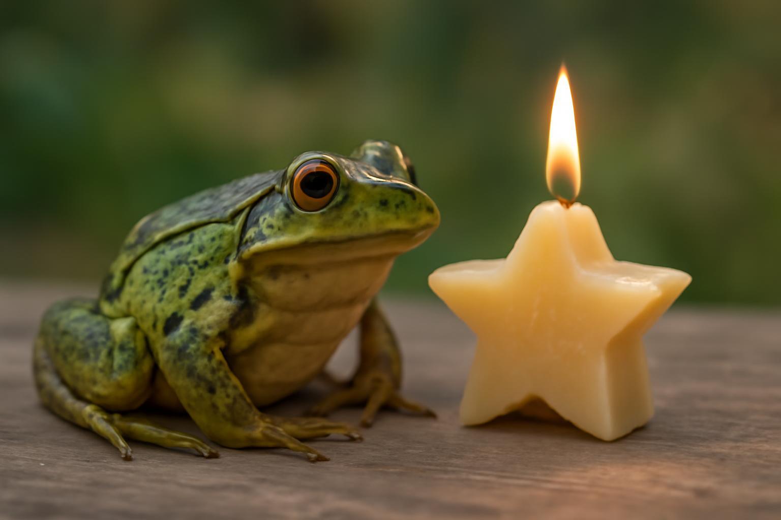 Egy béka ül egy fából készült felületen, mellette egy csillag alakú gyertya lánggal.