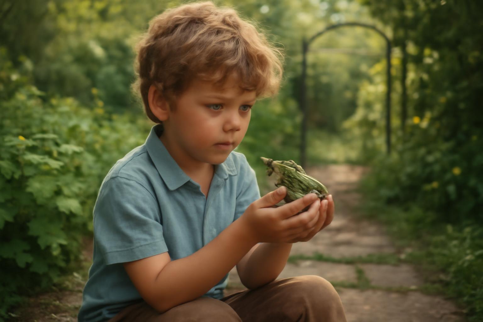 Egy kisfiú a kezében tart egy békát, a háttérben zöld növények és egy titkos kert kapuja látható.