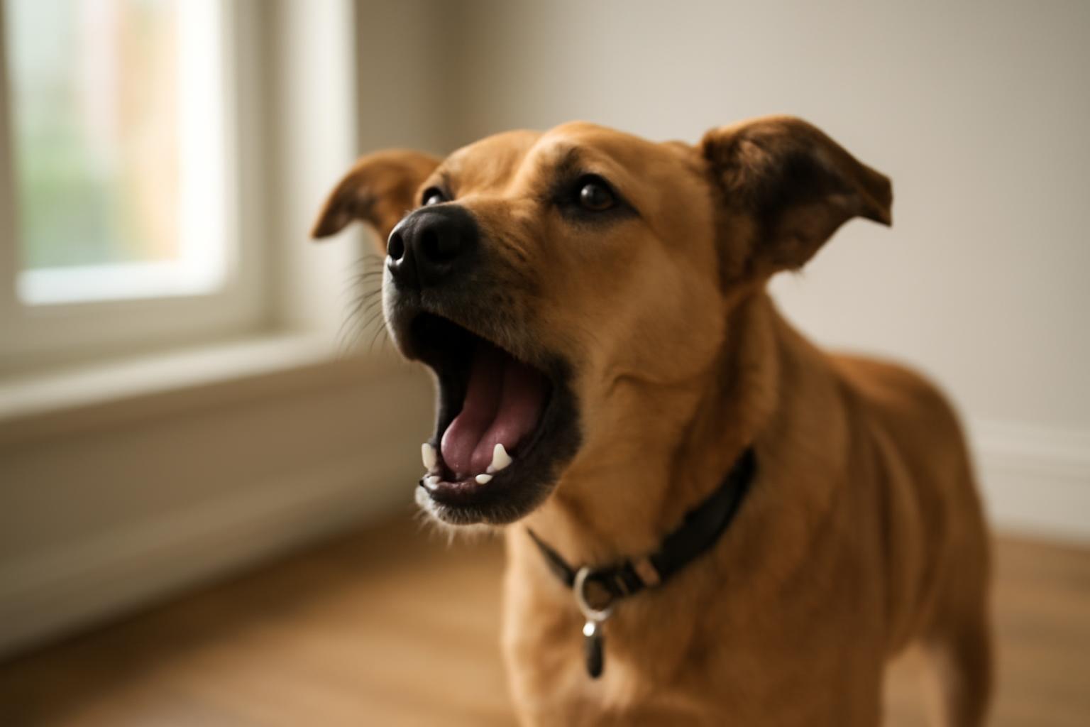 Egy kutya hangosan ugat, miközben a szobában áll, figyelmesen néz.