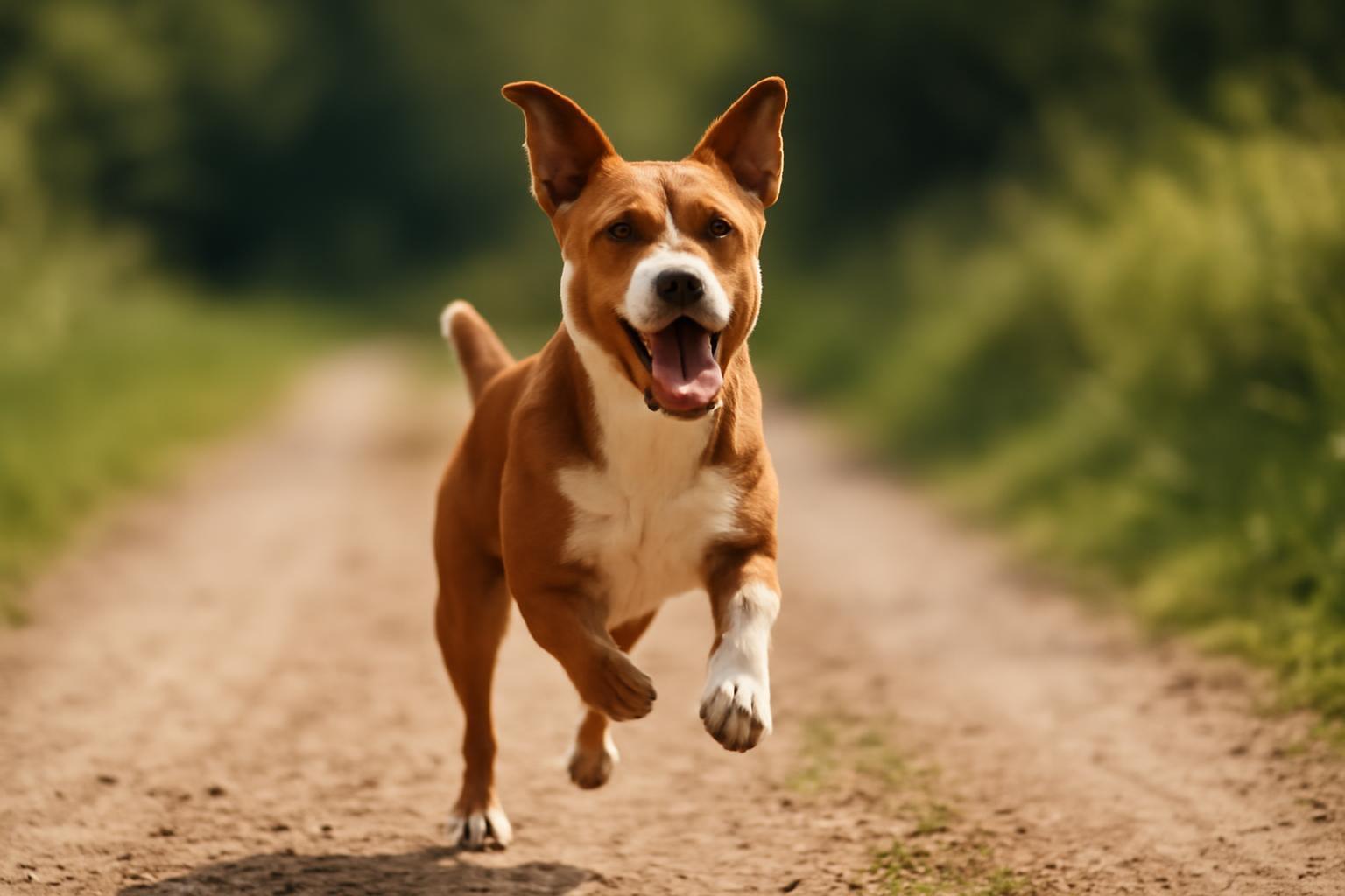 Egy boldog kutya fut a földúton, élvezi a szabadban töltött időt.