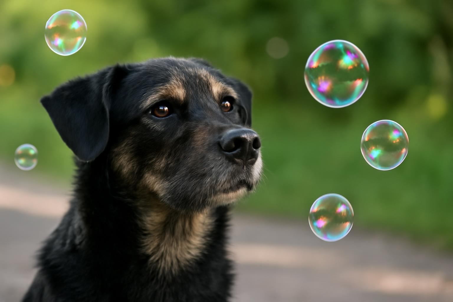 Bodri, a kiskutya, csodálkozva nézi a szappanbuborékokat a kertben.