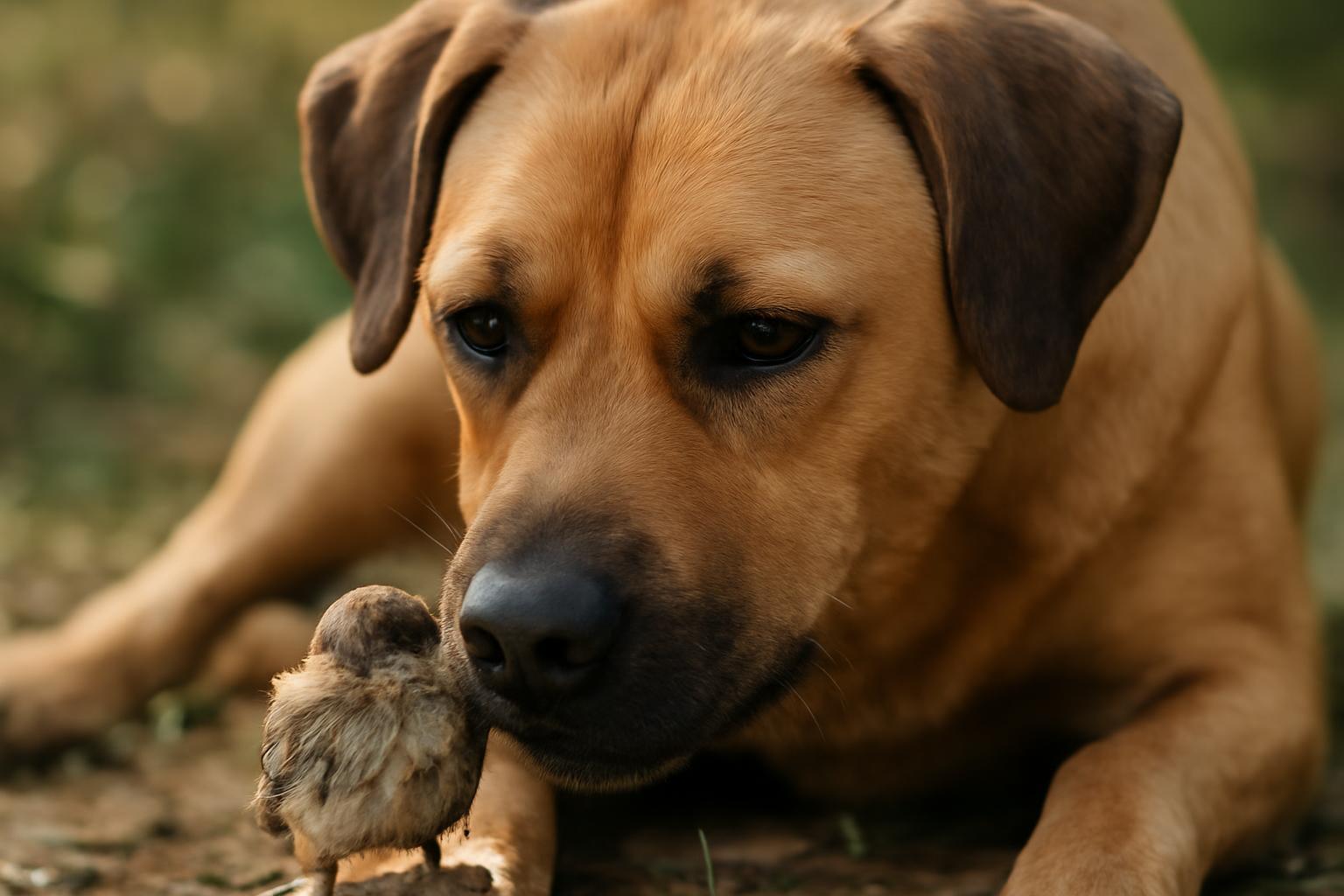Egy kutya óvatosan közelít egy kis madárfiókához a kertben.