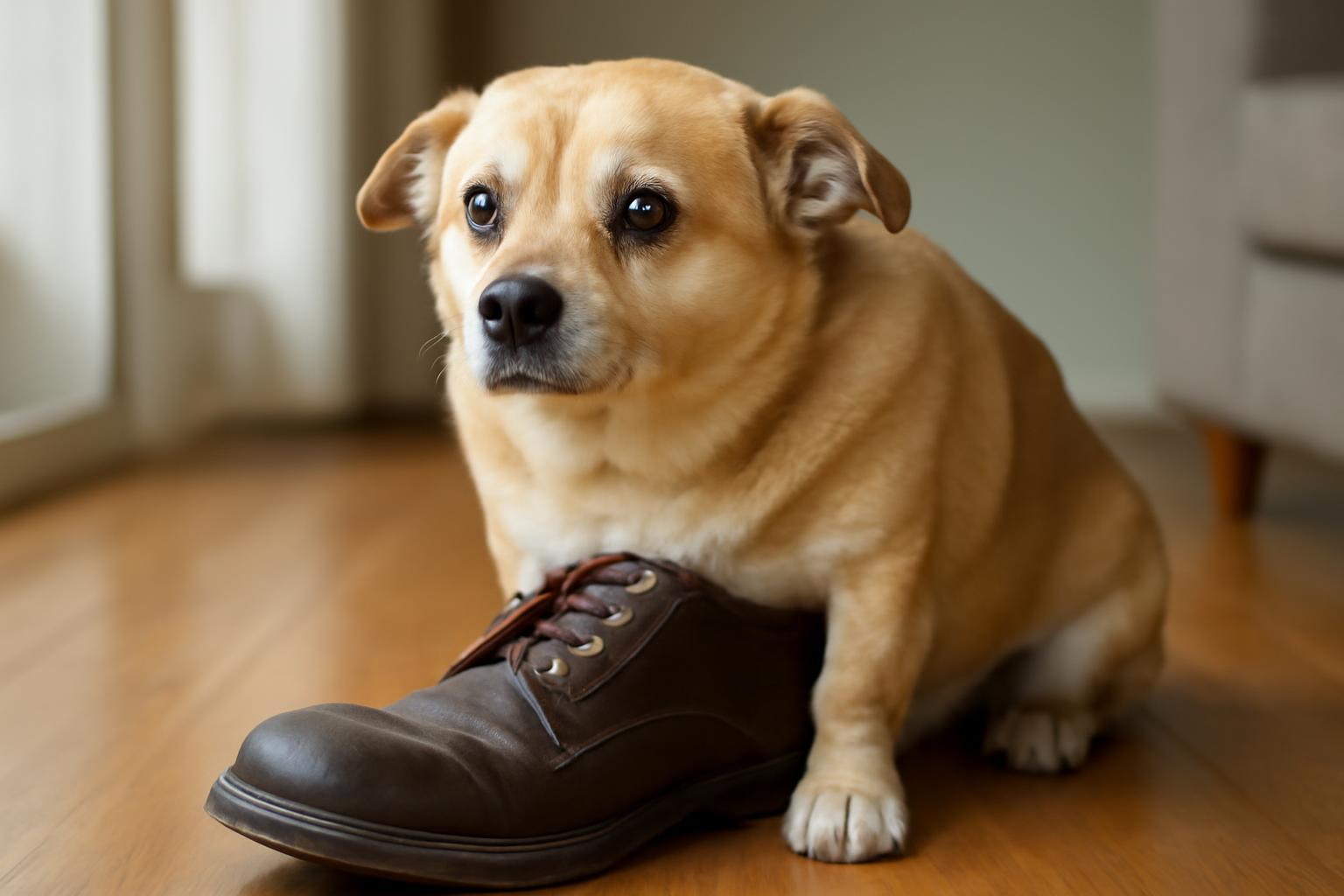 Buksi kutya, aki túl nagy cipőt vett fel
