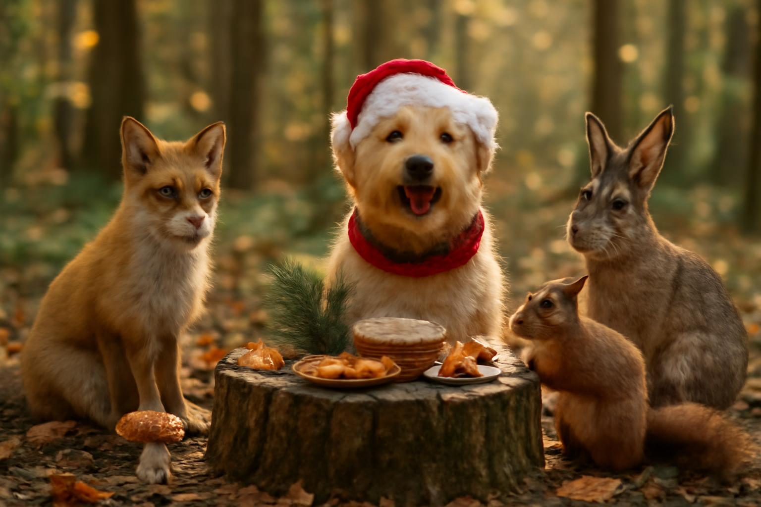Bundás, a kiskutya ünnepi sapkában, erdei állatok társaságában ül egy fatönkön.