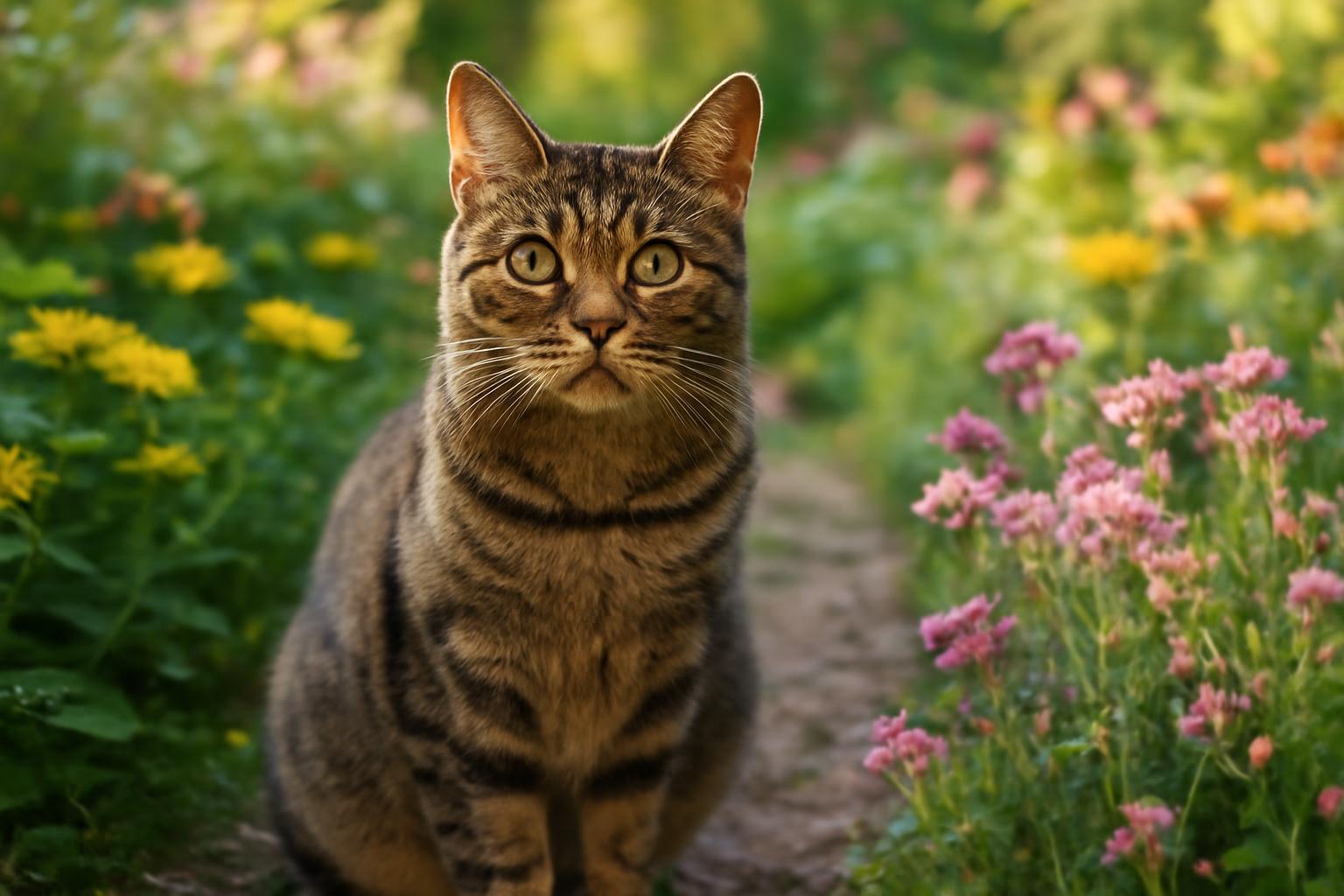 Cirmos cica ül egy virágos ösvény mellett, körülötte színes virágokkal.
