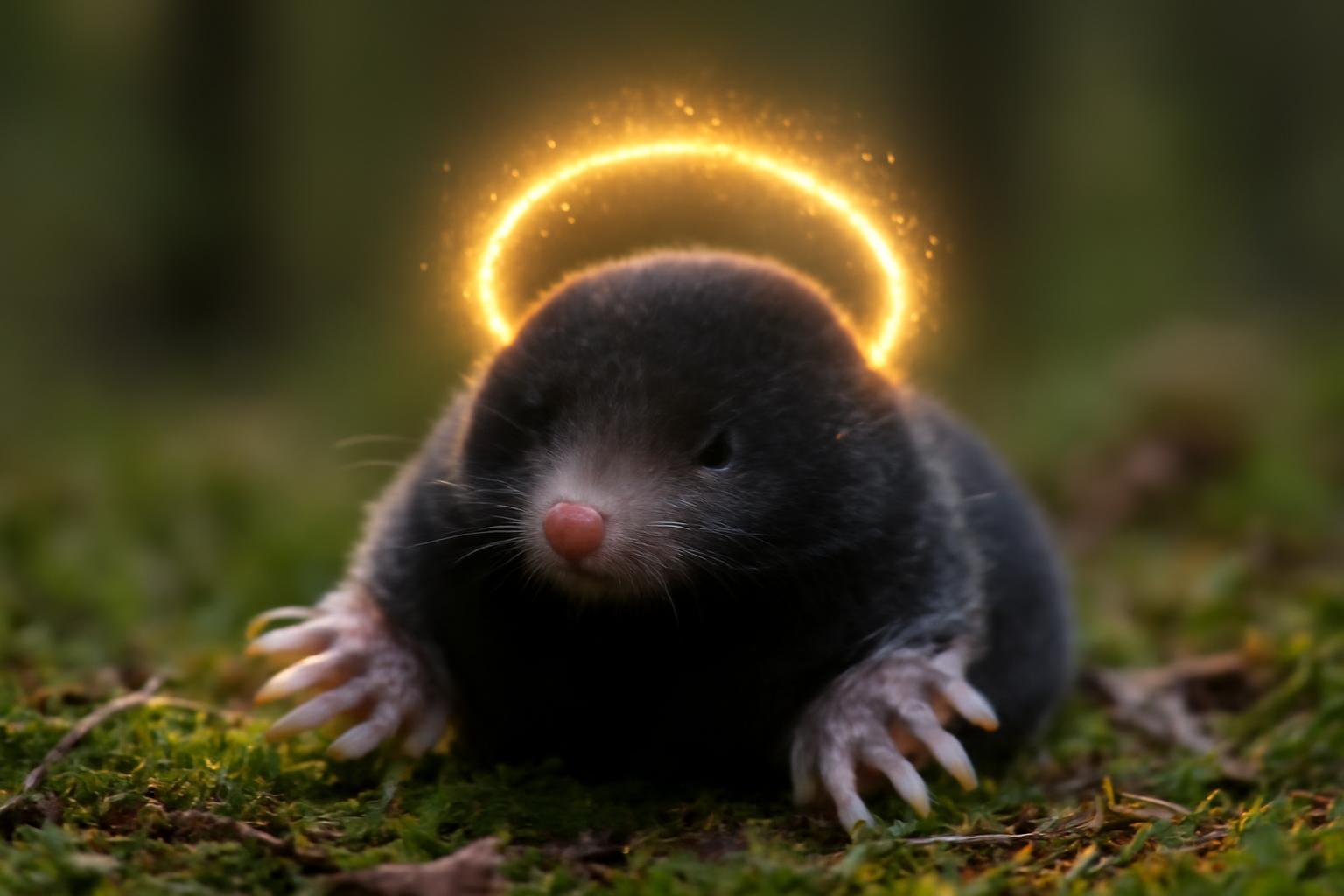 Egy csillagvakond fekszik a fűben, feje felett fénykoszorú ragyog.