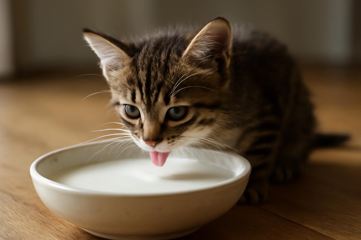 Egy kiscica éppen egy tejestálból iszik, kíváncsian figyelve a környezetét.