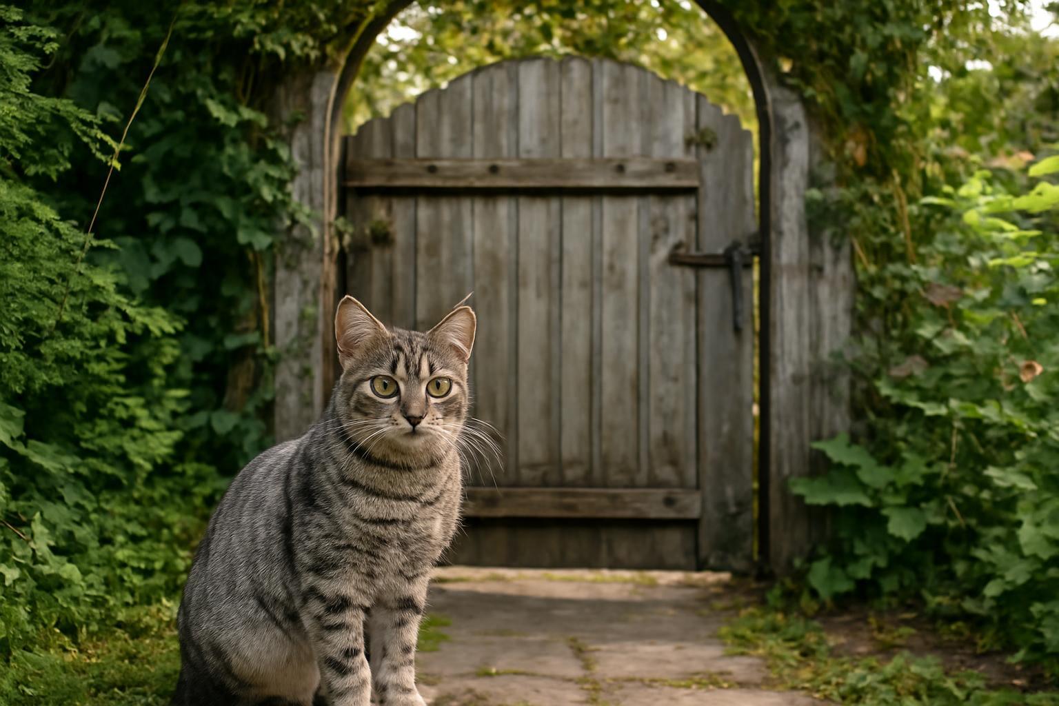 Egy szürke cica ül a kertben, mögötte egy régi, fából készült kapu.