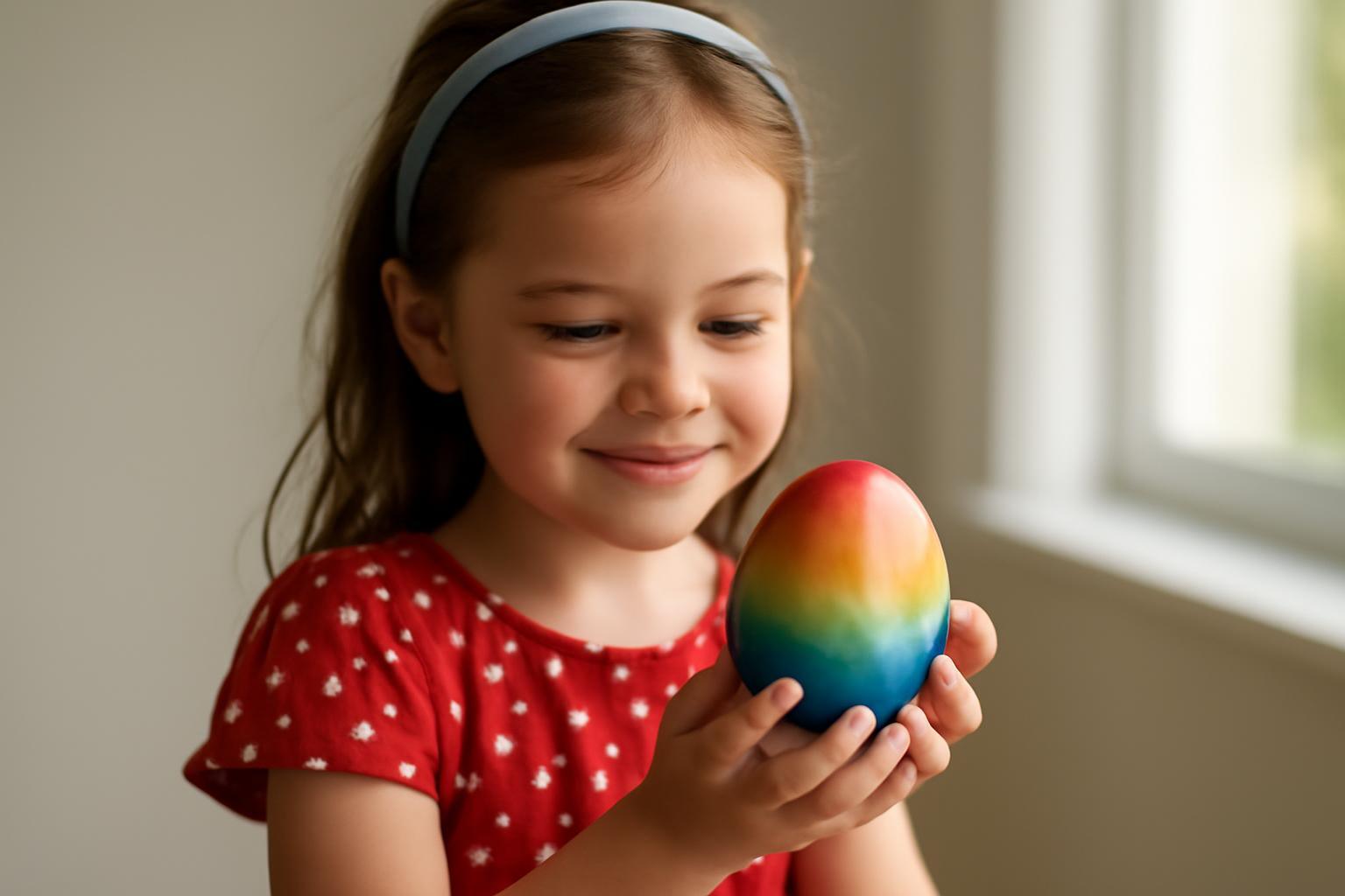 Egy kisgyermek boldogan nézi a szivárványszínű tojást a kezében.